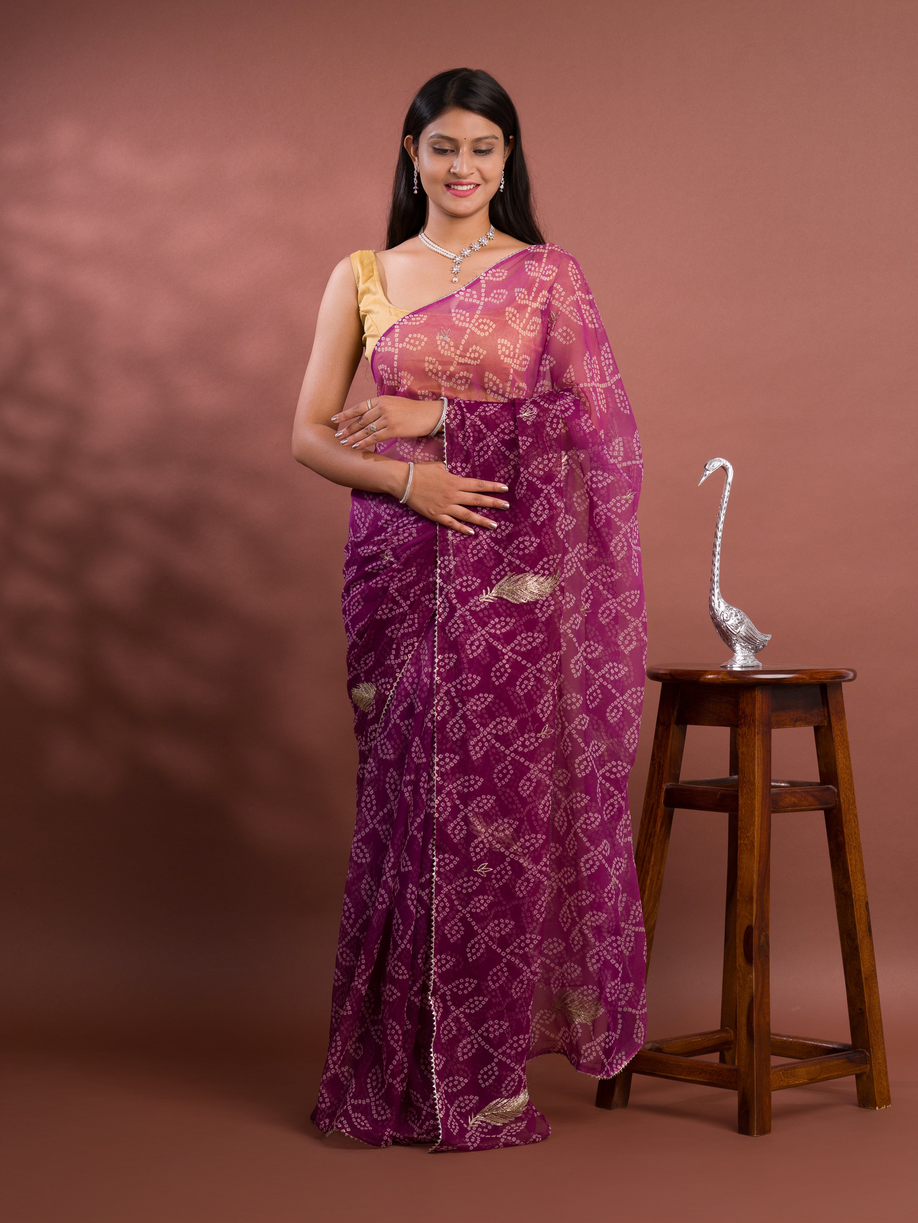Chiffon Bandhani style With Vintage Work Saree in purple colour