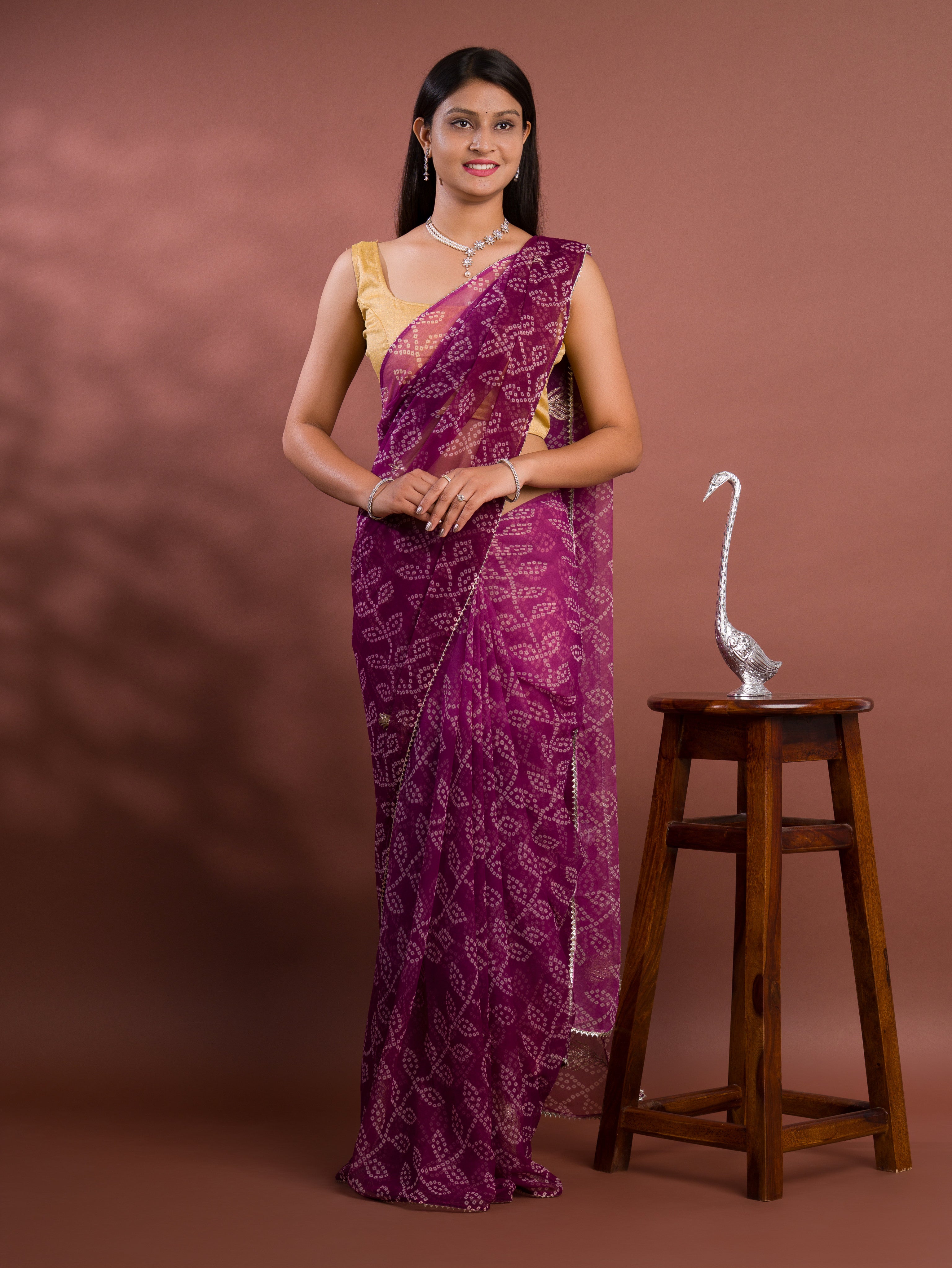 Chiffon Bandhani style With Vintage Work Saree in purple colour