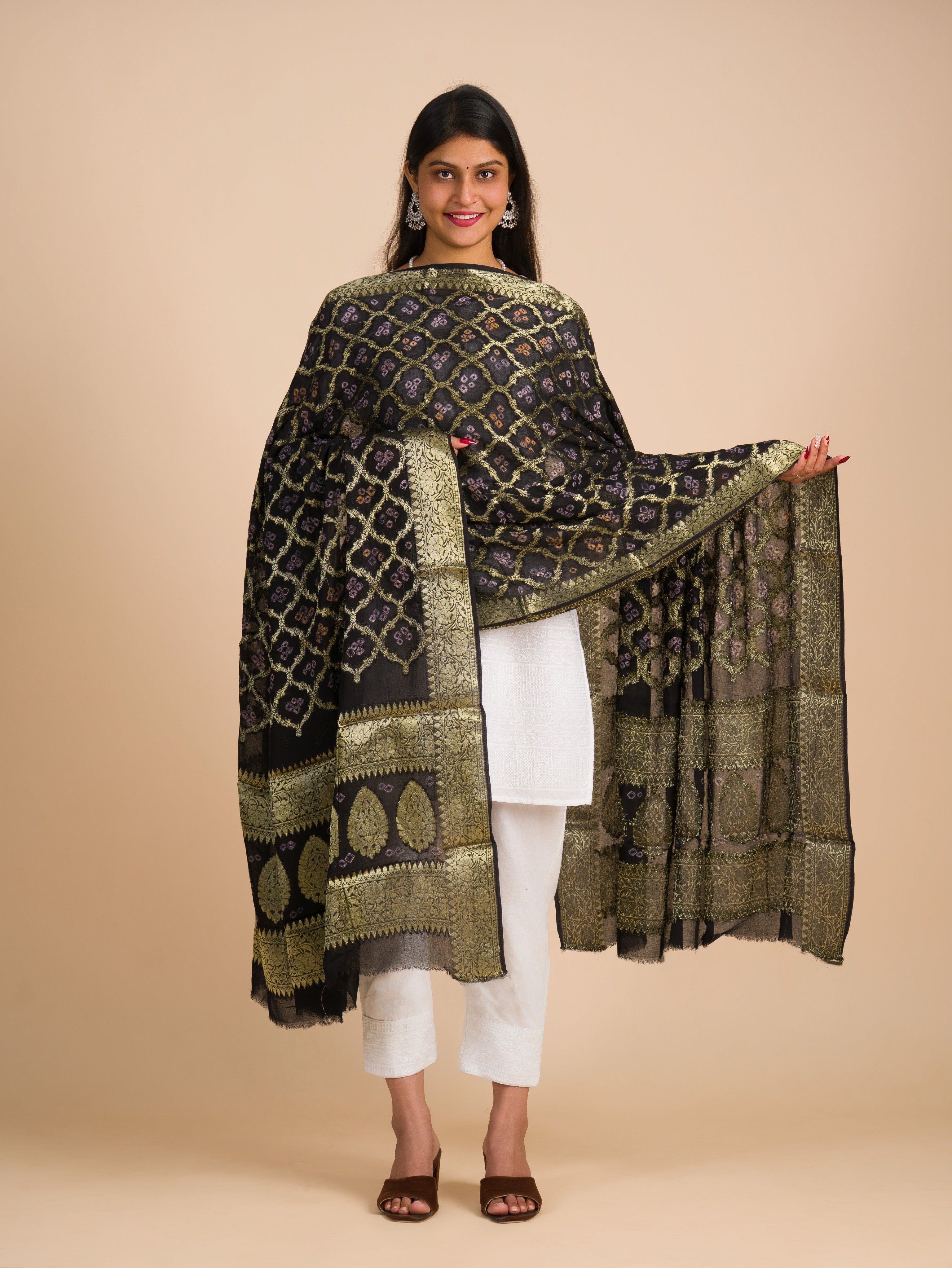 By Pure Georgette Banarasi Bandhani Dupatta Black