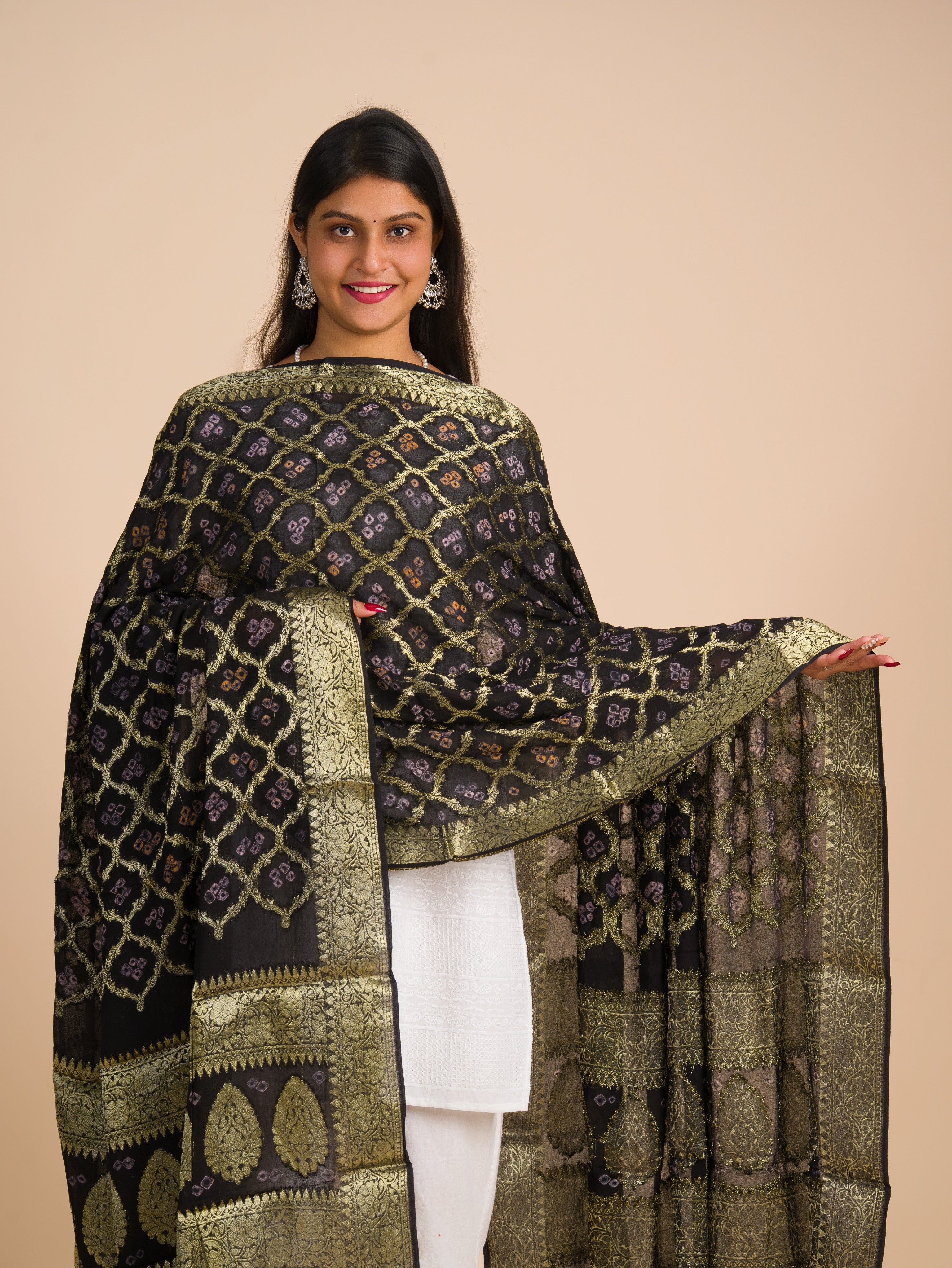 By Pure Georgette Banarasi Bandhani Dupatta Black