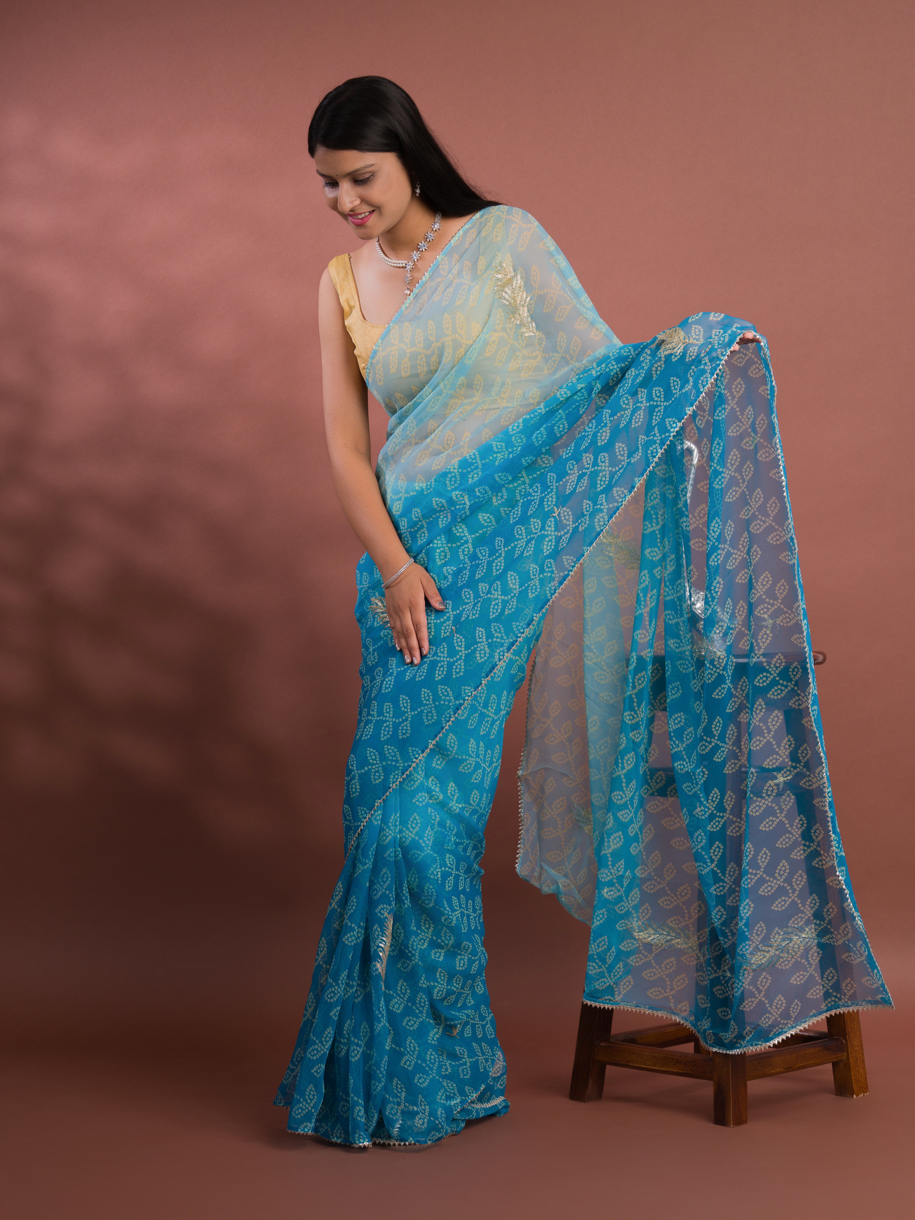 Chiffon Bandhani style With Vintage Work Saree in blue colour