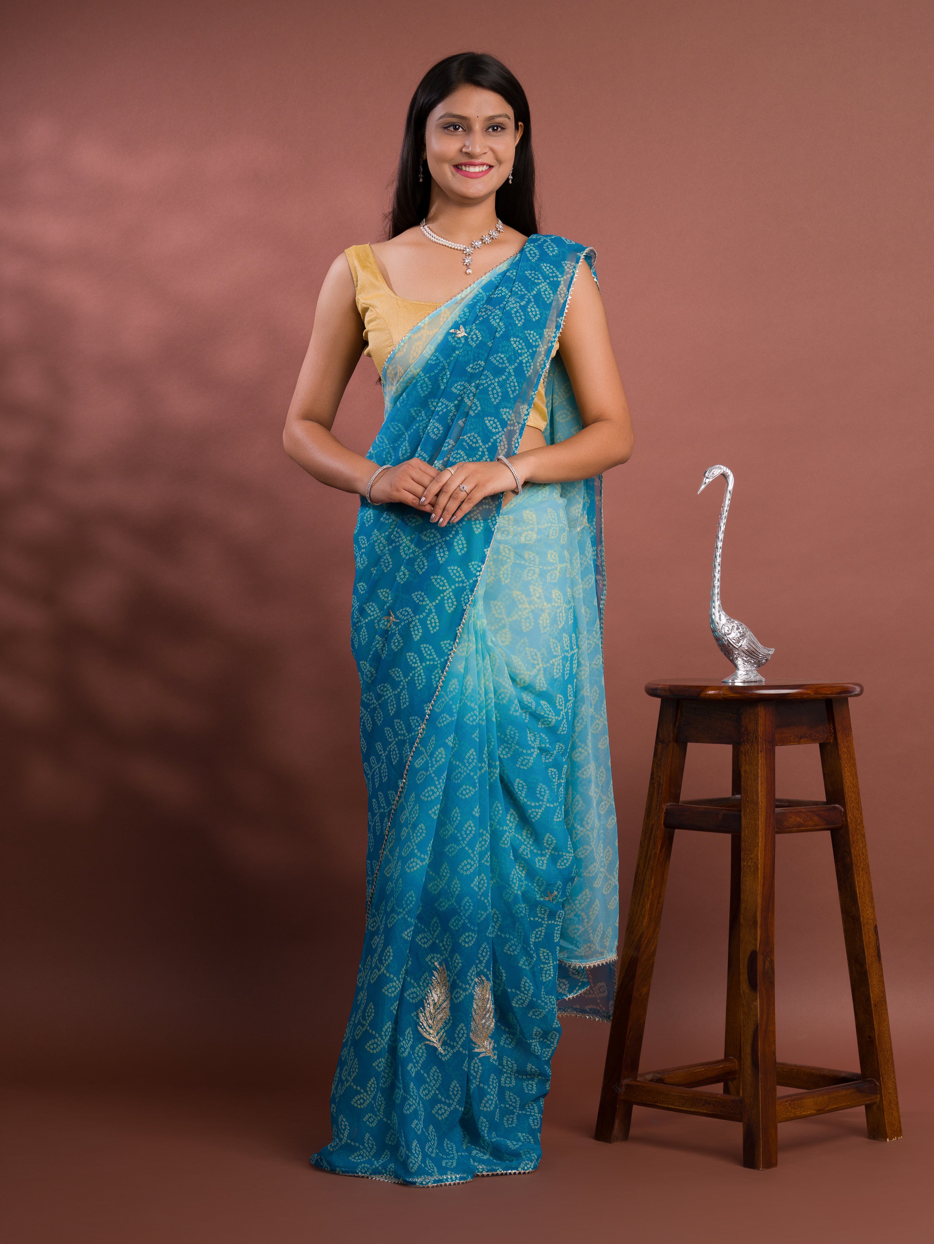 Chiffon Bandhani style With Vintage Work Saree in blue colour