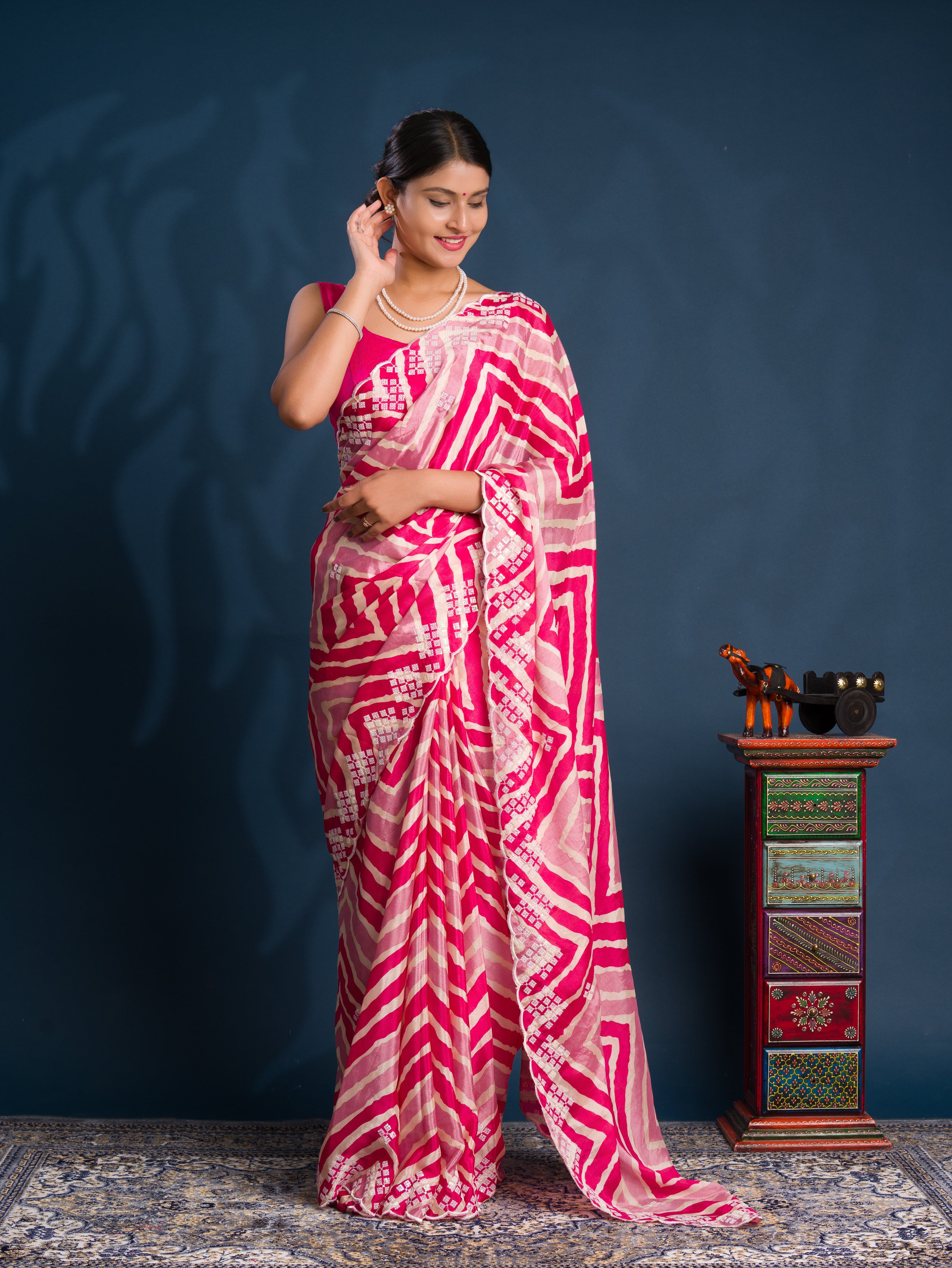 By Zig zag Style With Kashida Tari Work Saree