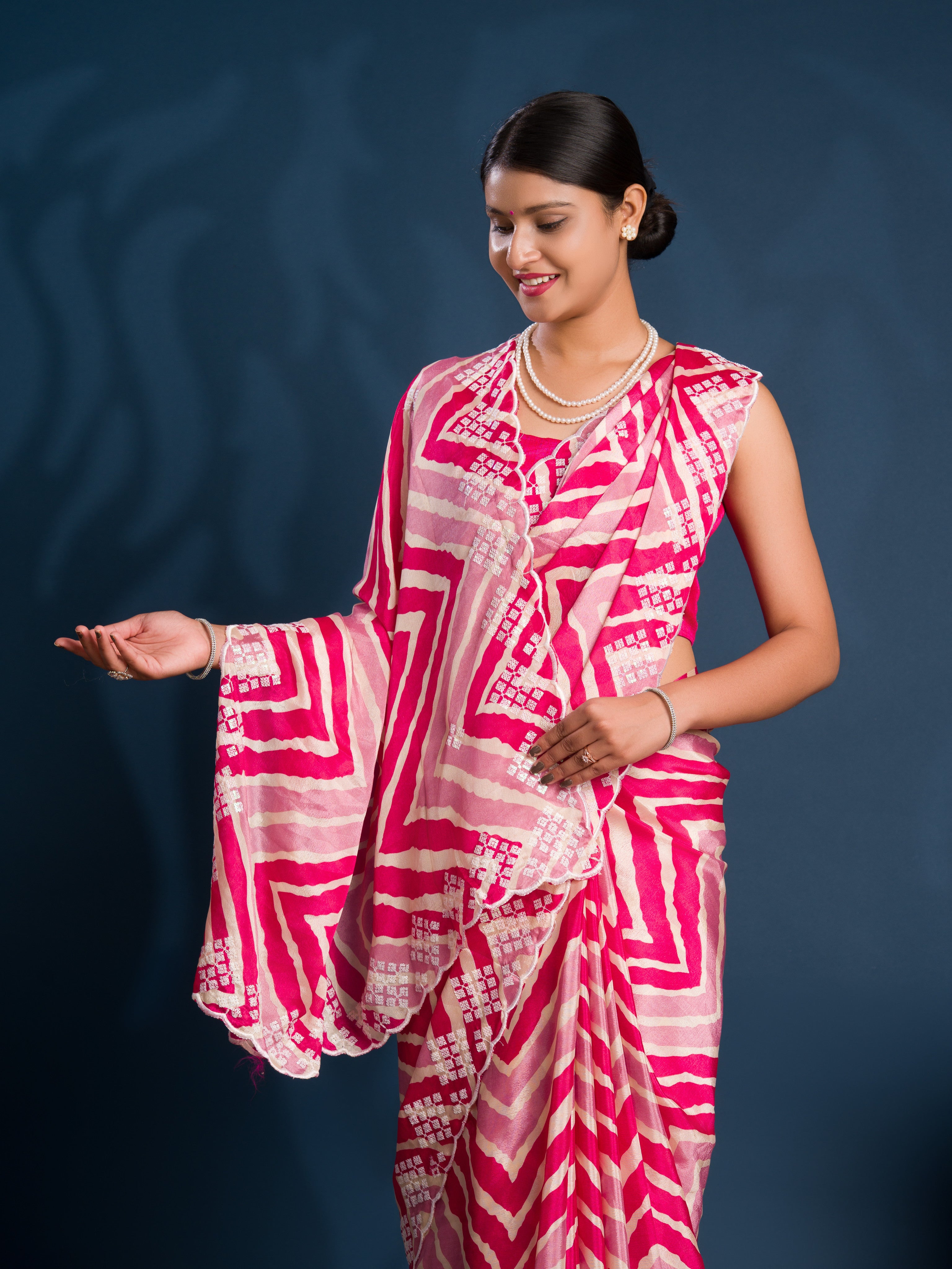 By Zig zag Style With Kashida Tari Work Saree