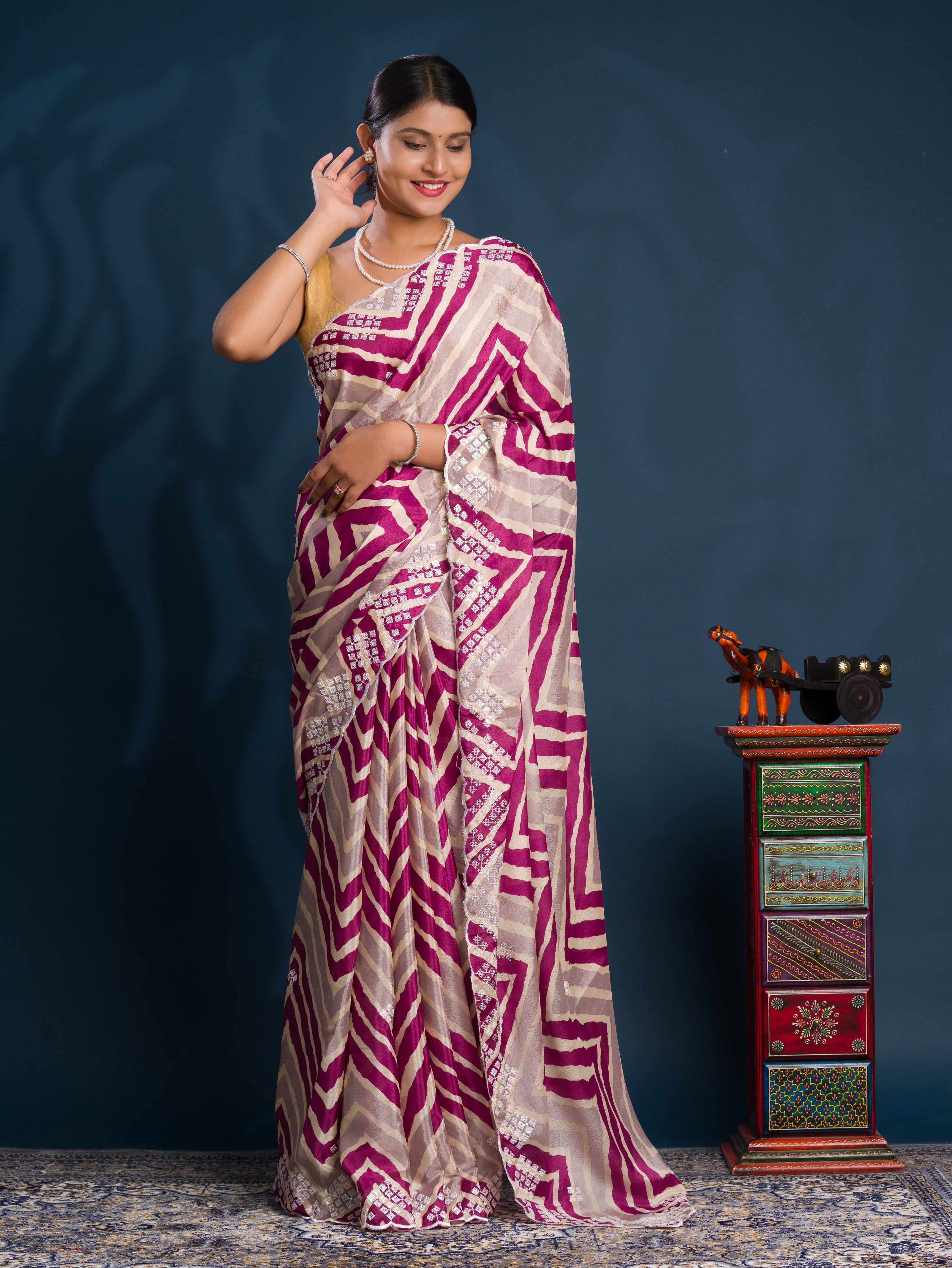 By Zig zag Style With Kashida Tari Work Saree
