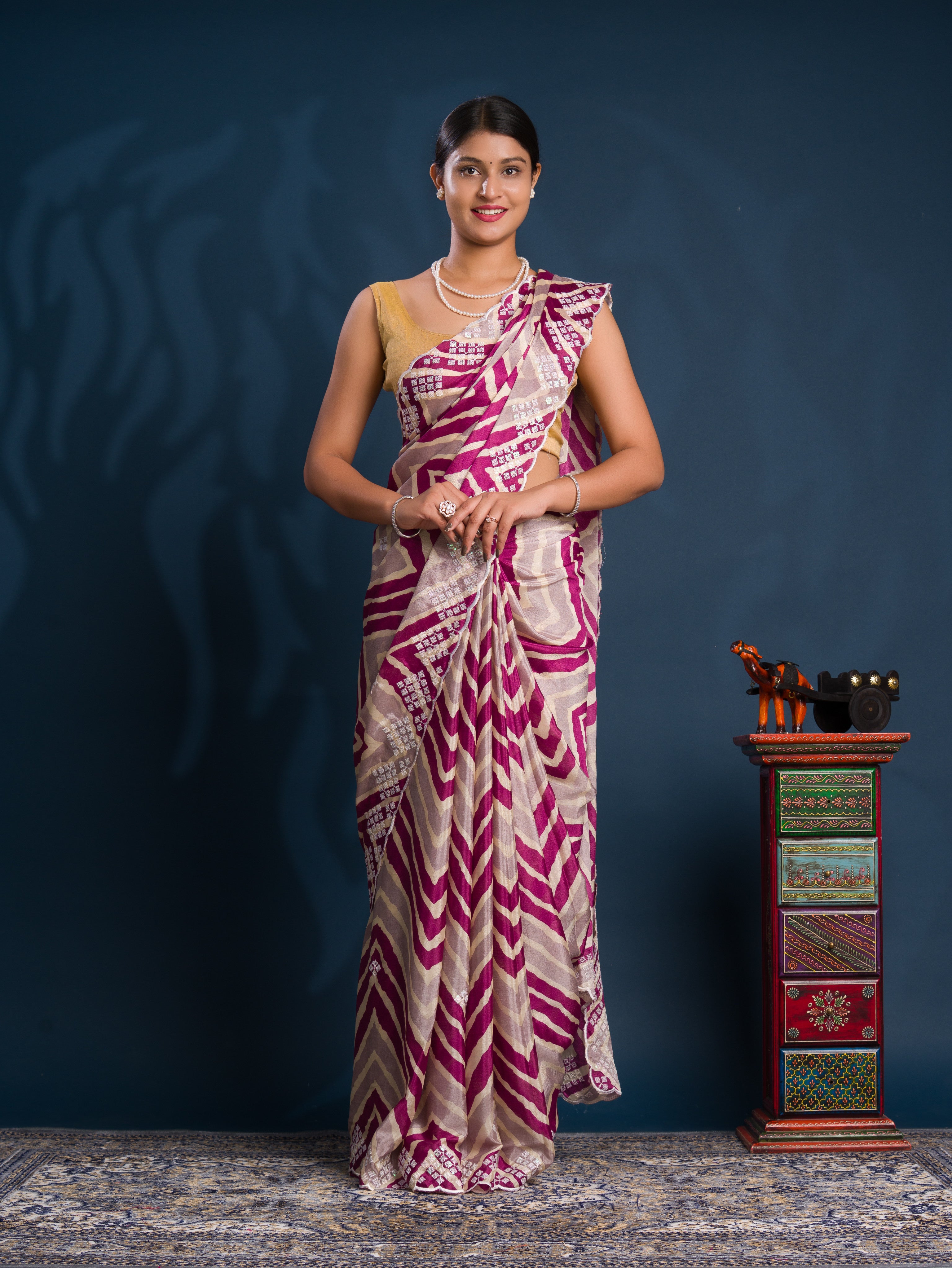 By Zig zag Style With Kashida Tari Work Saree