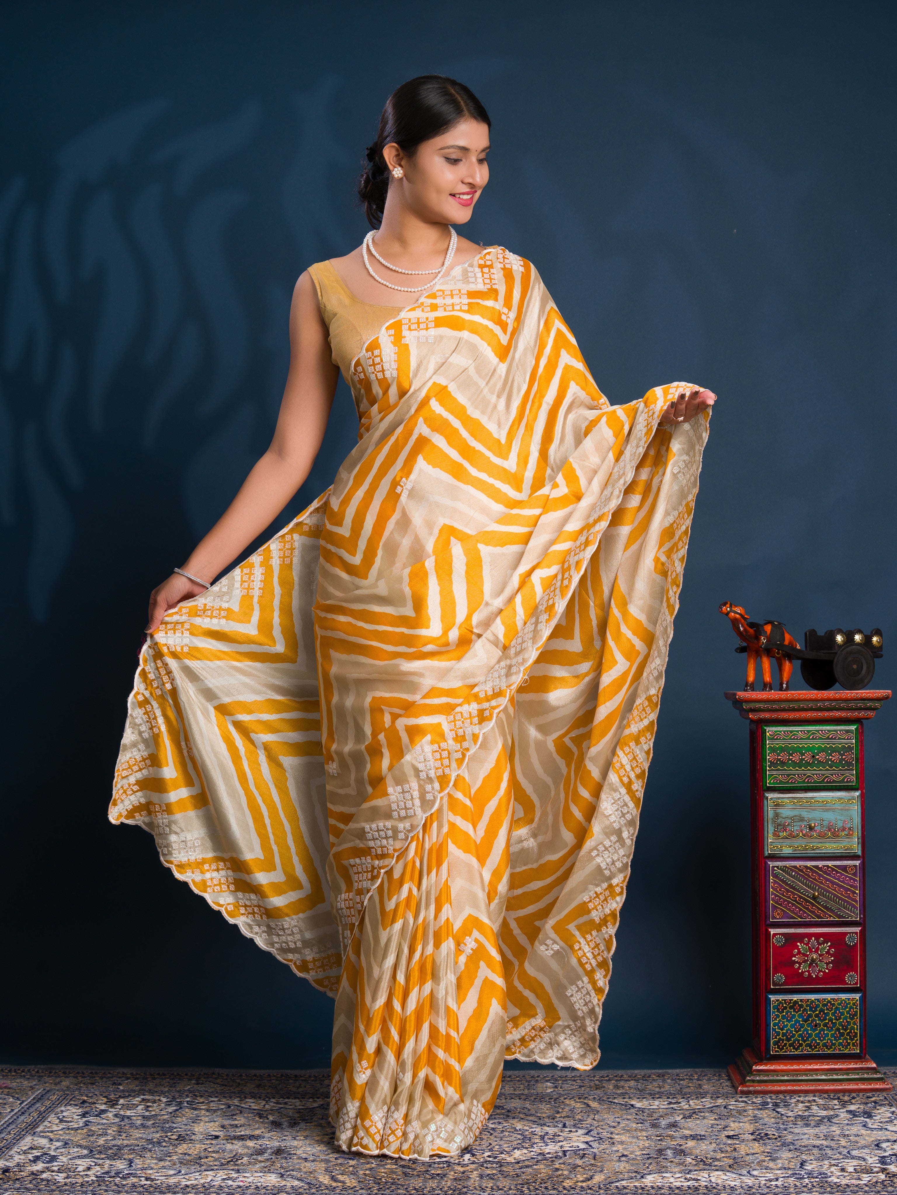 By Zig zag Style With Kashida Tari Work Saree
