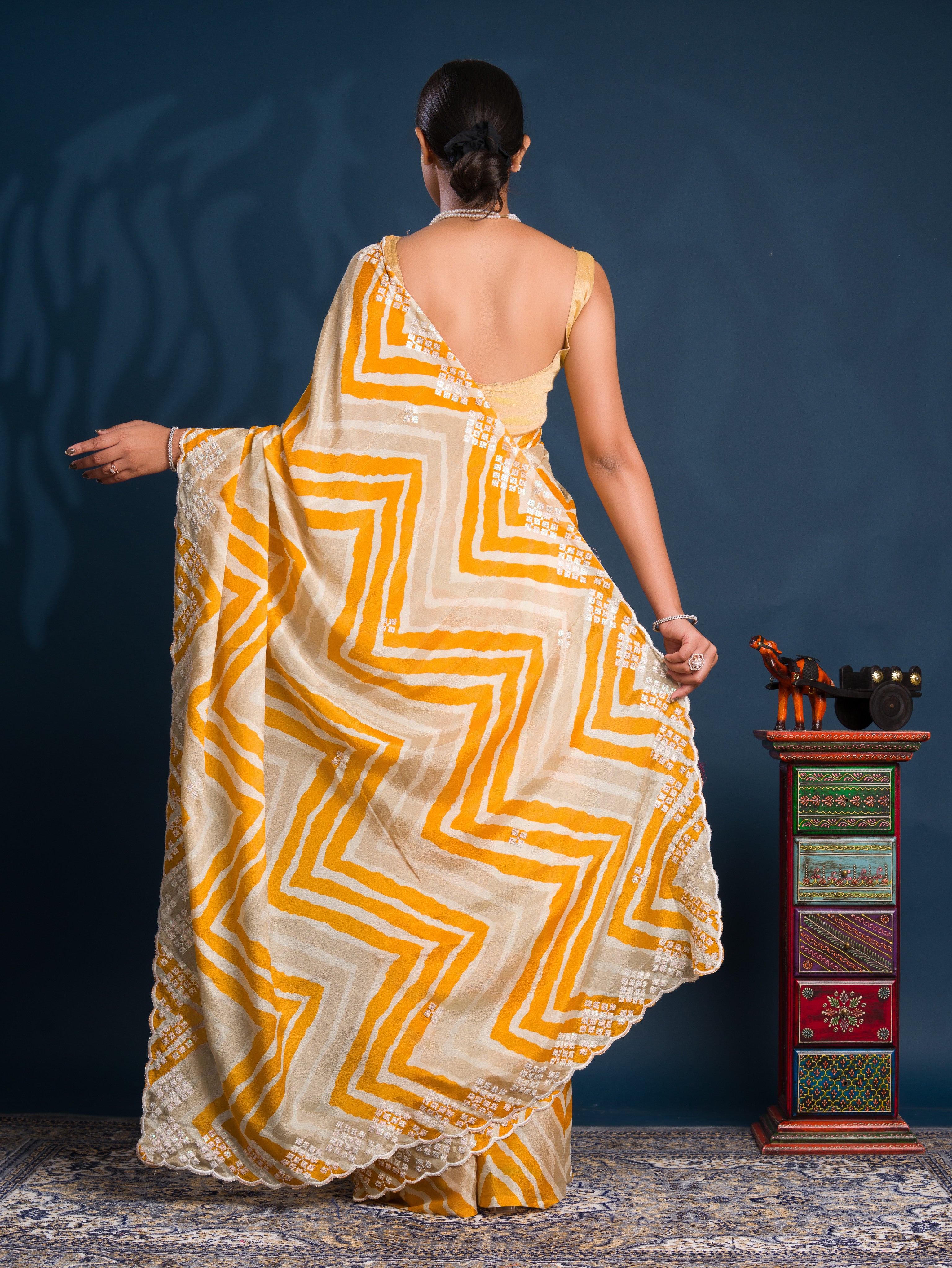 By Zig zag Style With Kashida Tari Work Saree