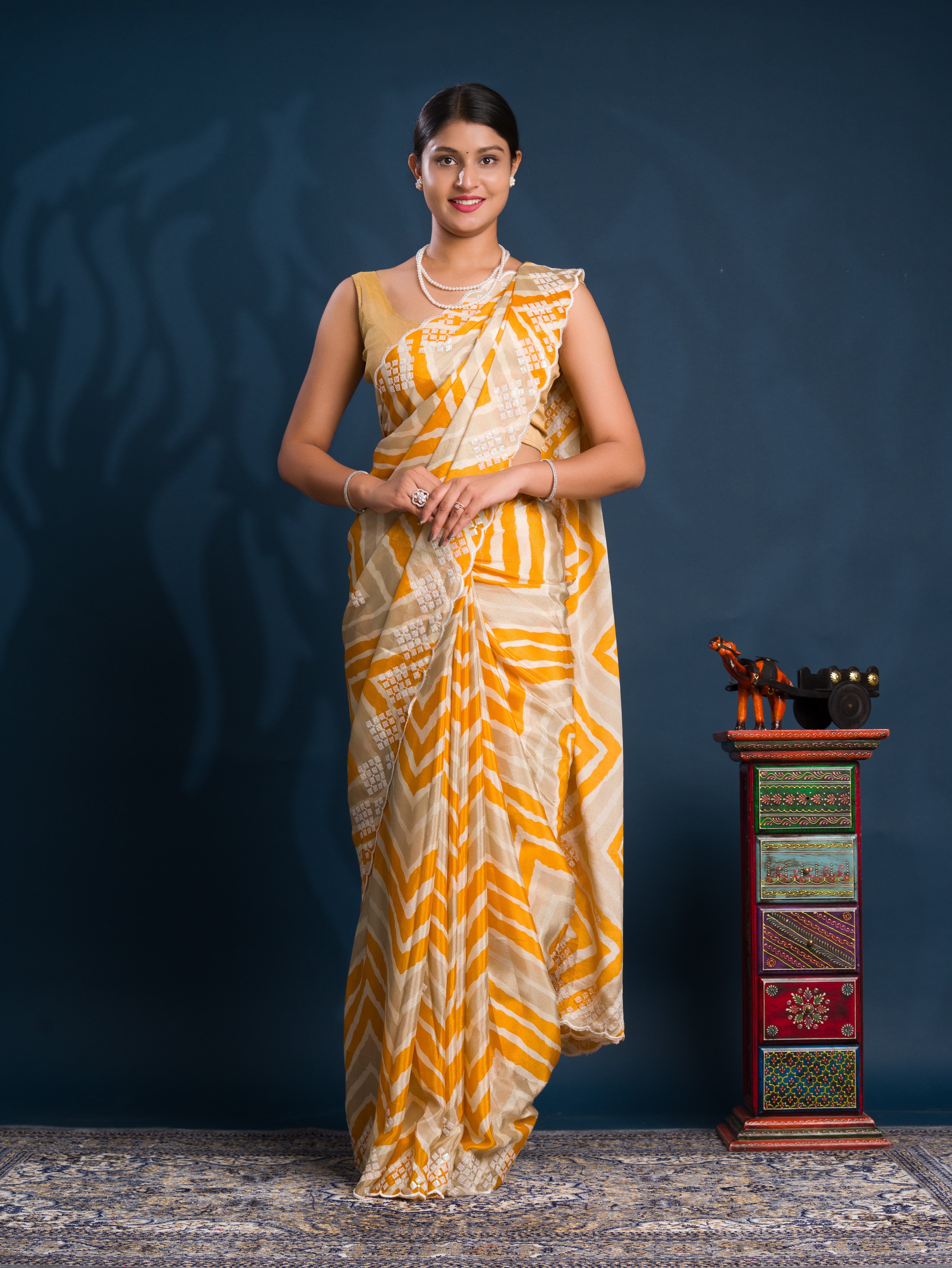 By Zig zag Style With Kashida Tari Work Saree