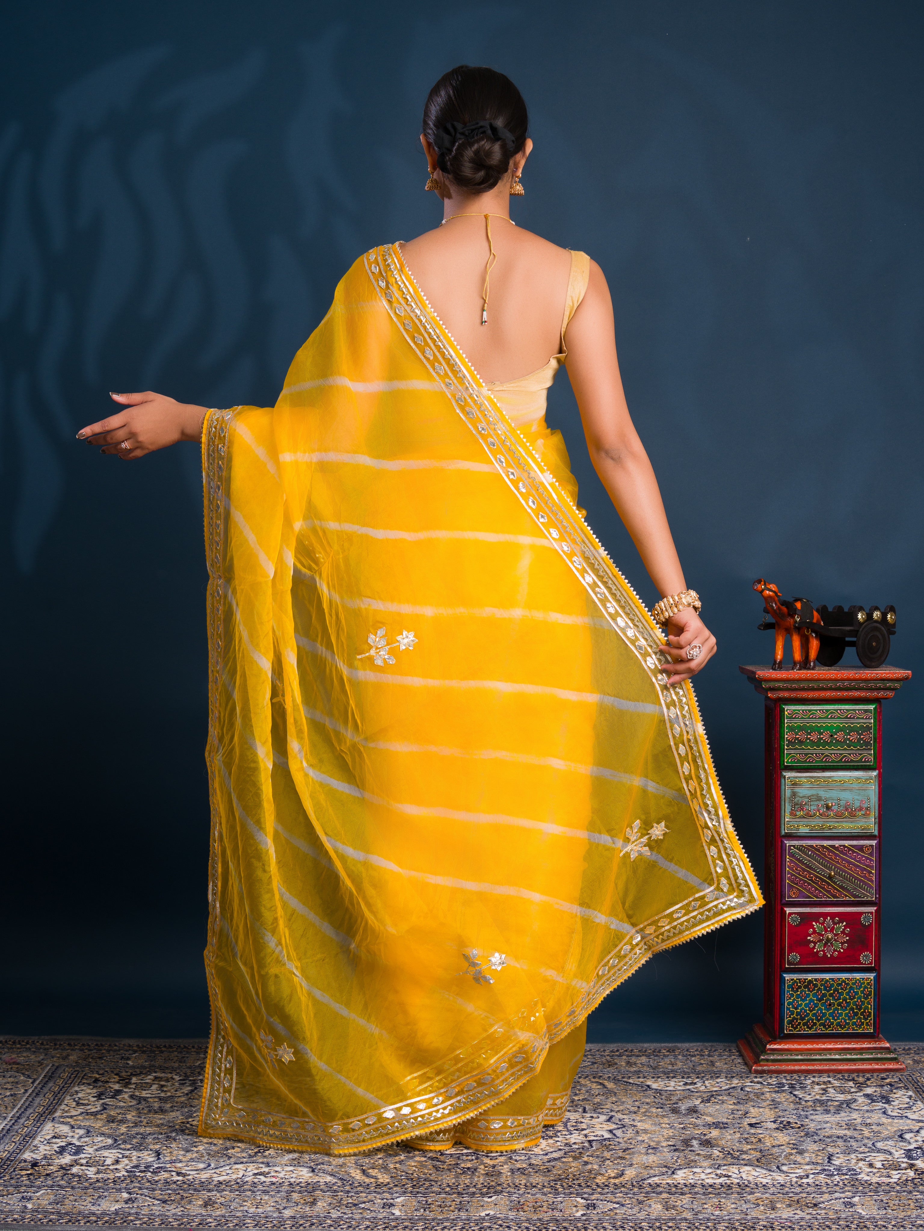 Organza Leheriya Style With Gotapatti Work Saree in Yellow colour