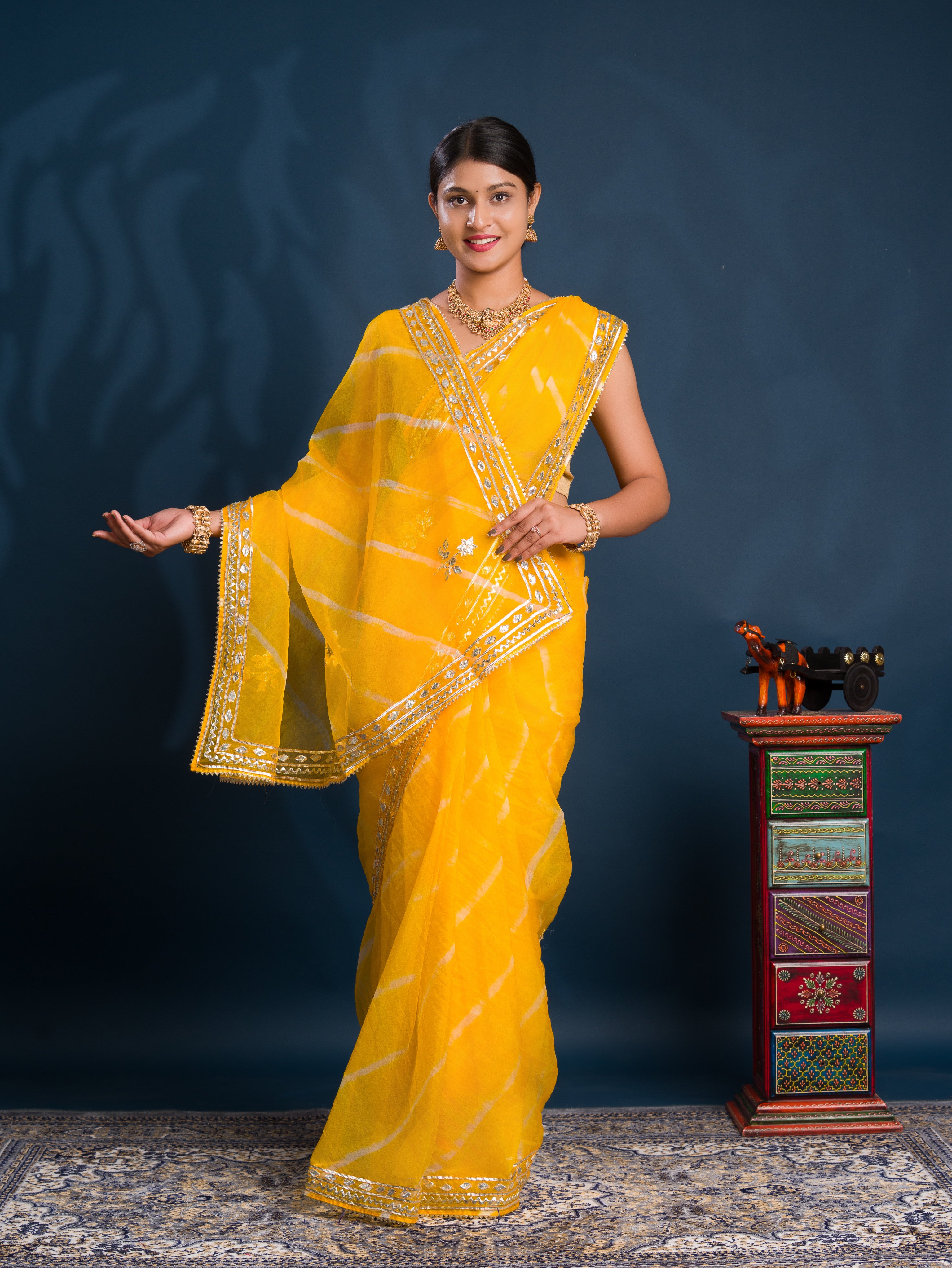 Organza Leheriya Style With Gotapatti Work Saree in Yellow colour