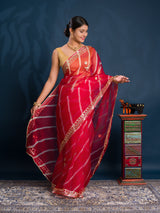 Red saree with gold patterns Organza Leheriya Style With Gotapatti Work