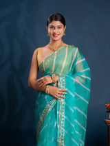 Teal sareewith Silverpatterns Organza Leheriya Style With Gotapatti Work