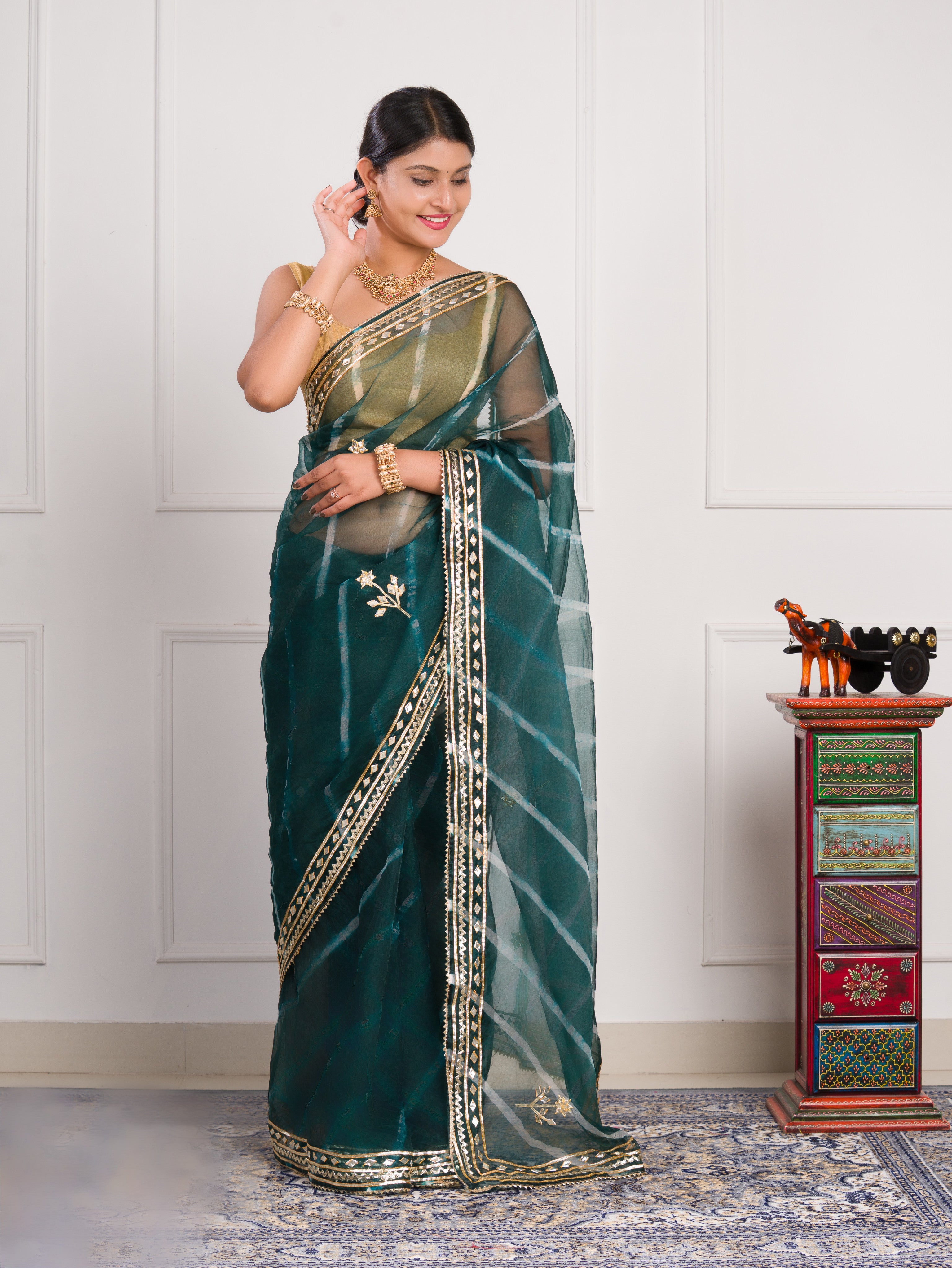 KcPc New Beautiful Organza Leheriya Style With Gotapatti Work Saree MHS