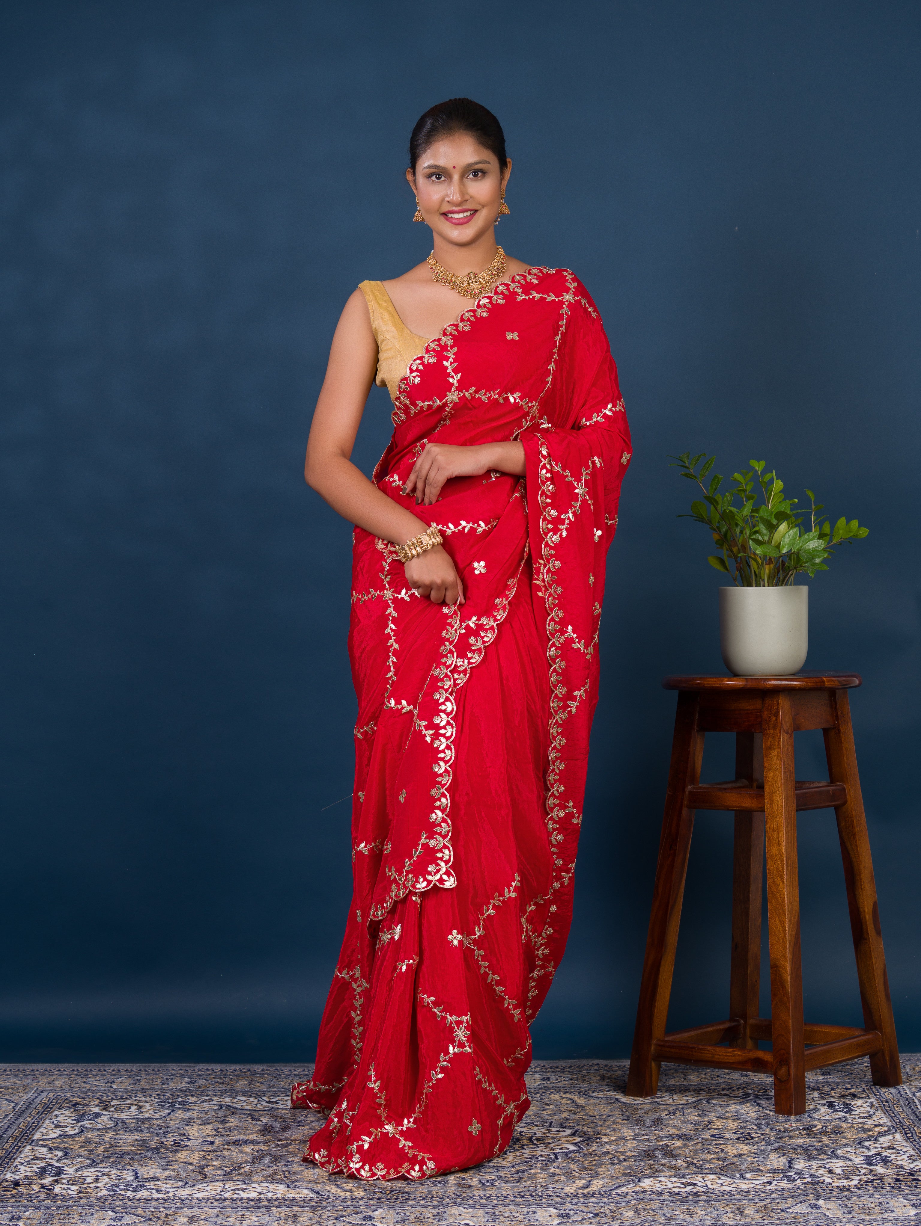 By New Designer Chinon Silk Saree with Traditional Gotapatti Work