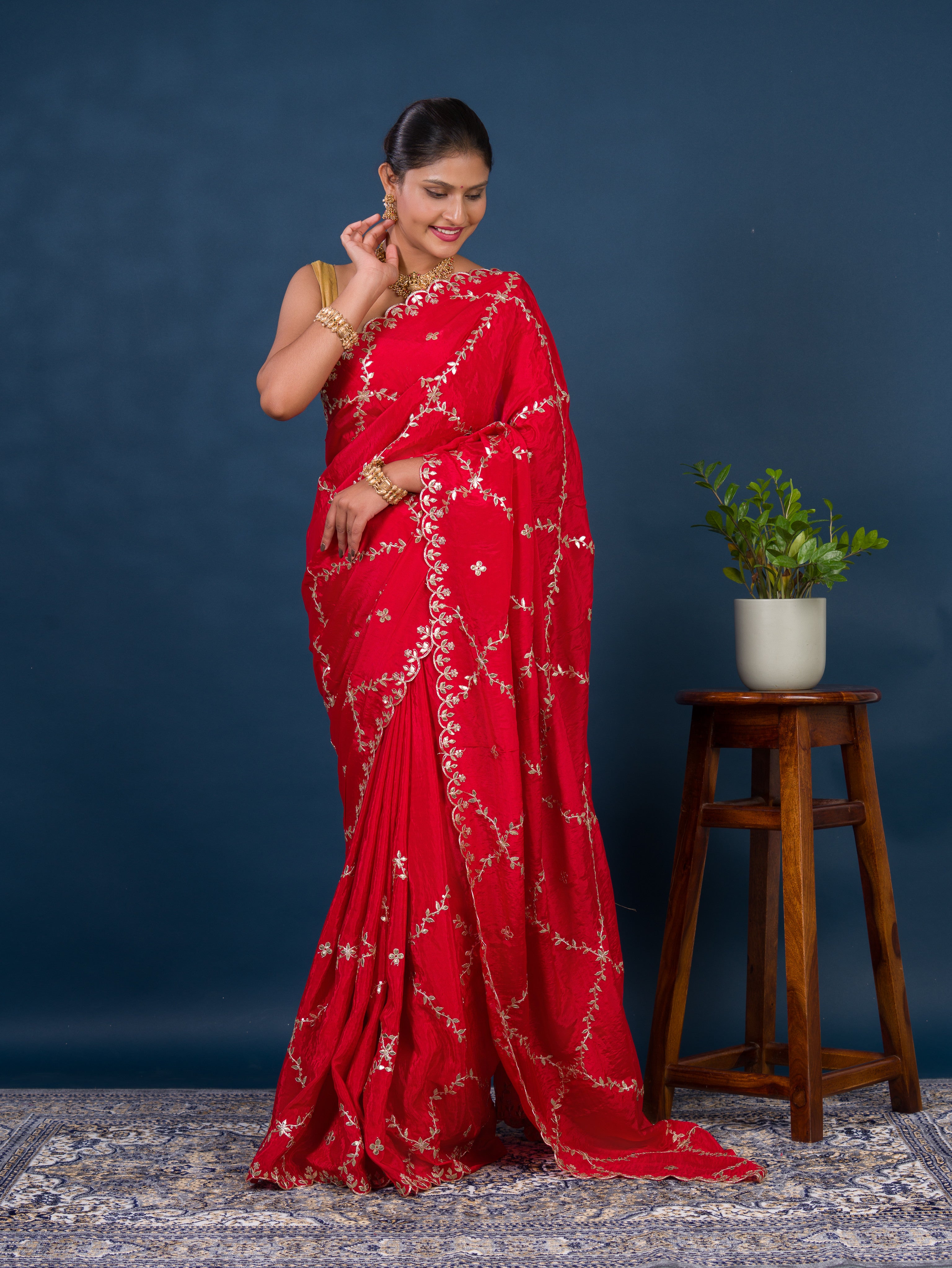 By New Designer Chinon Silk Saree with Traditional Gotapatti Work