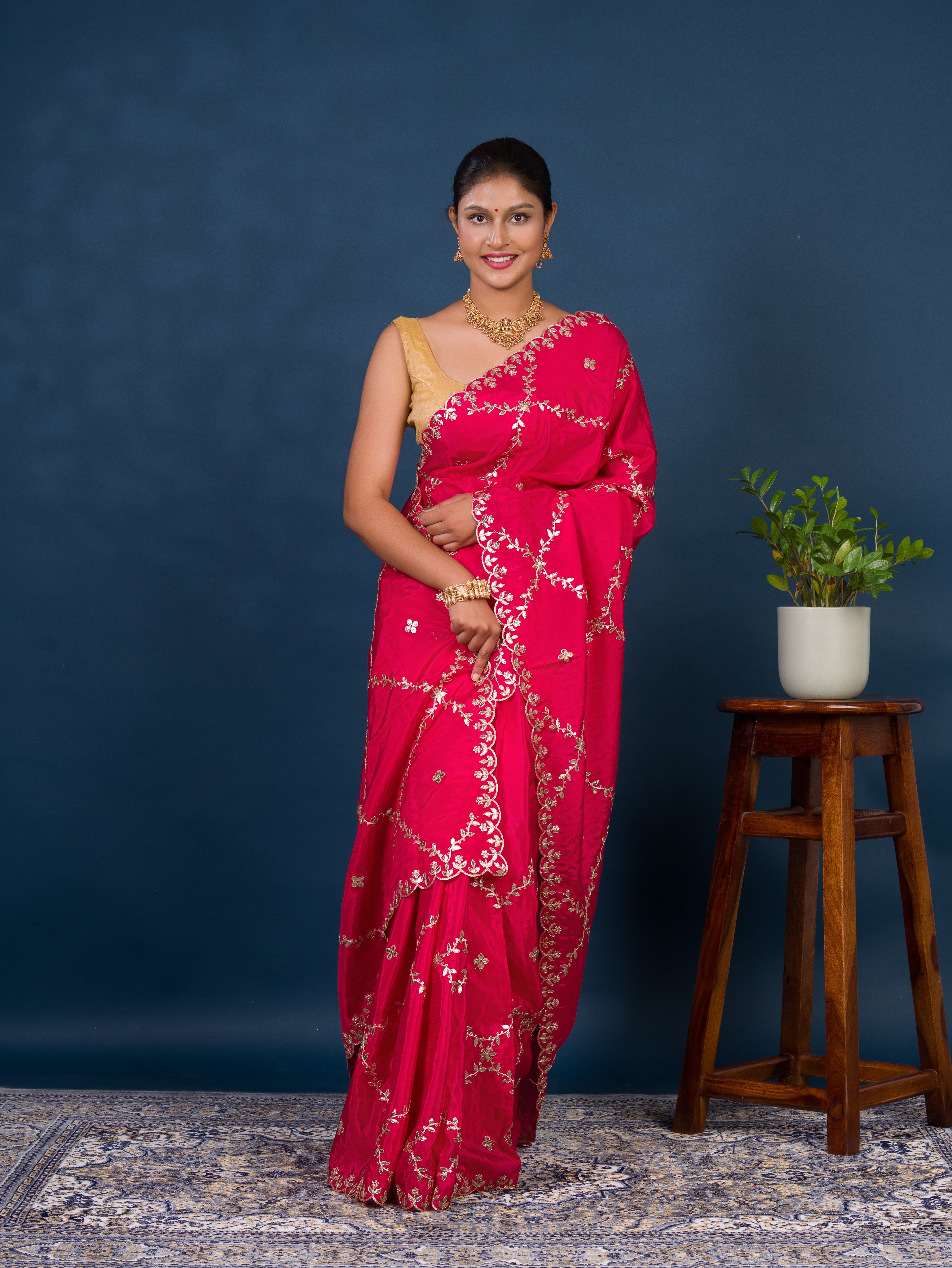 By New Designer Chinon Silk Saree with Traditional Gotapatti Work
