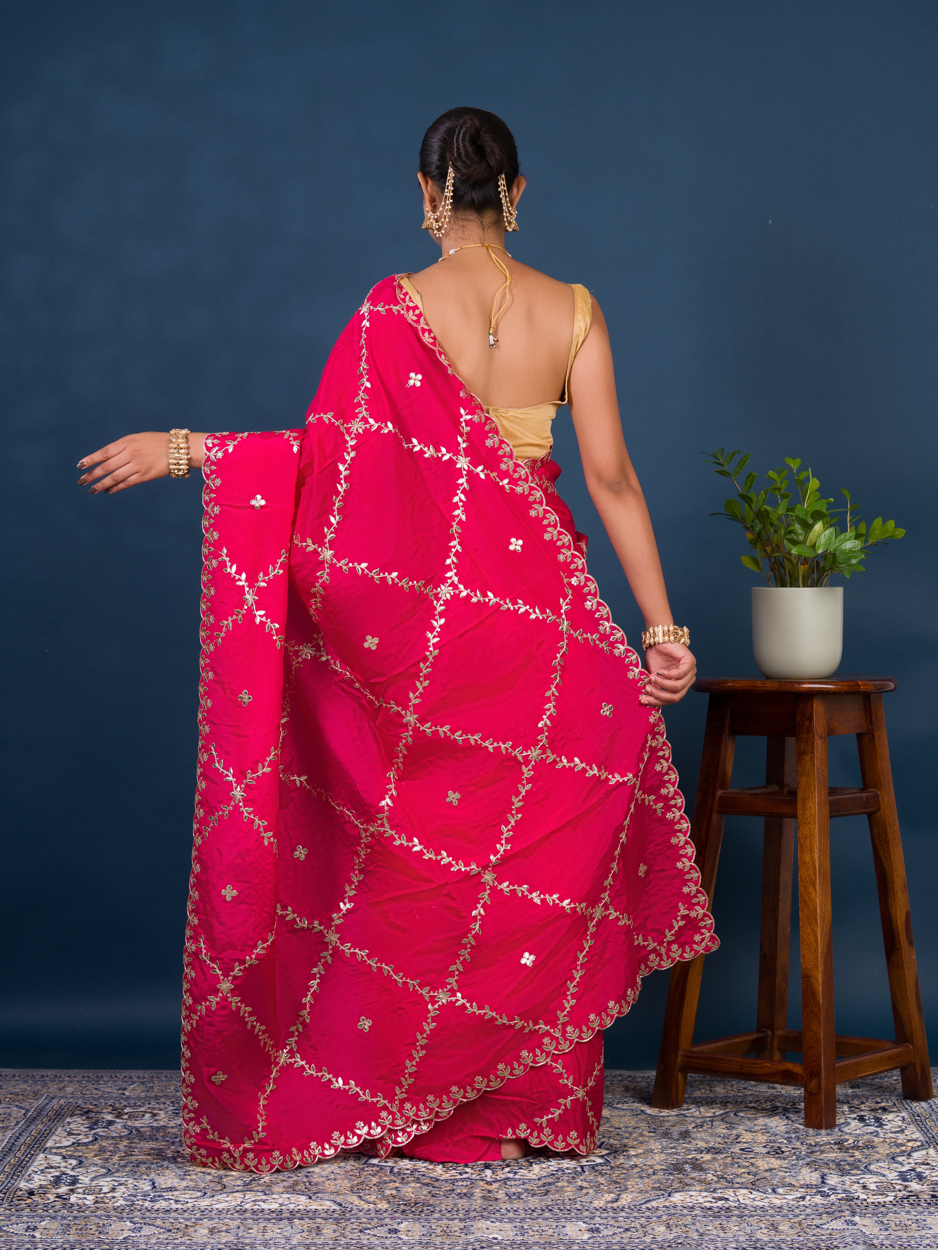 By New Designer Chinon Silk Saree with Traditional Gotapatti Work