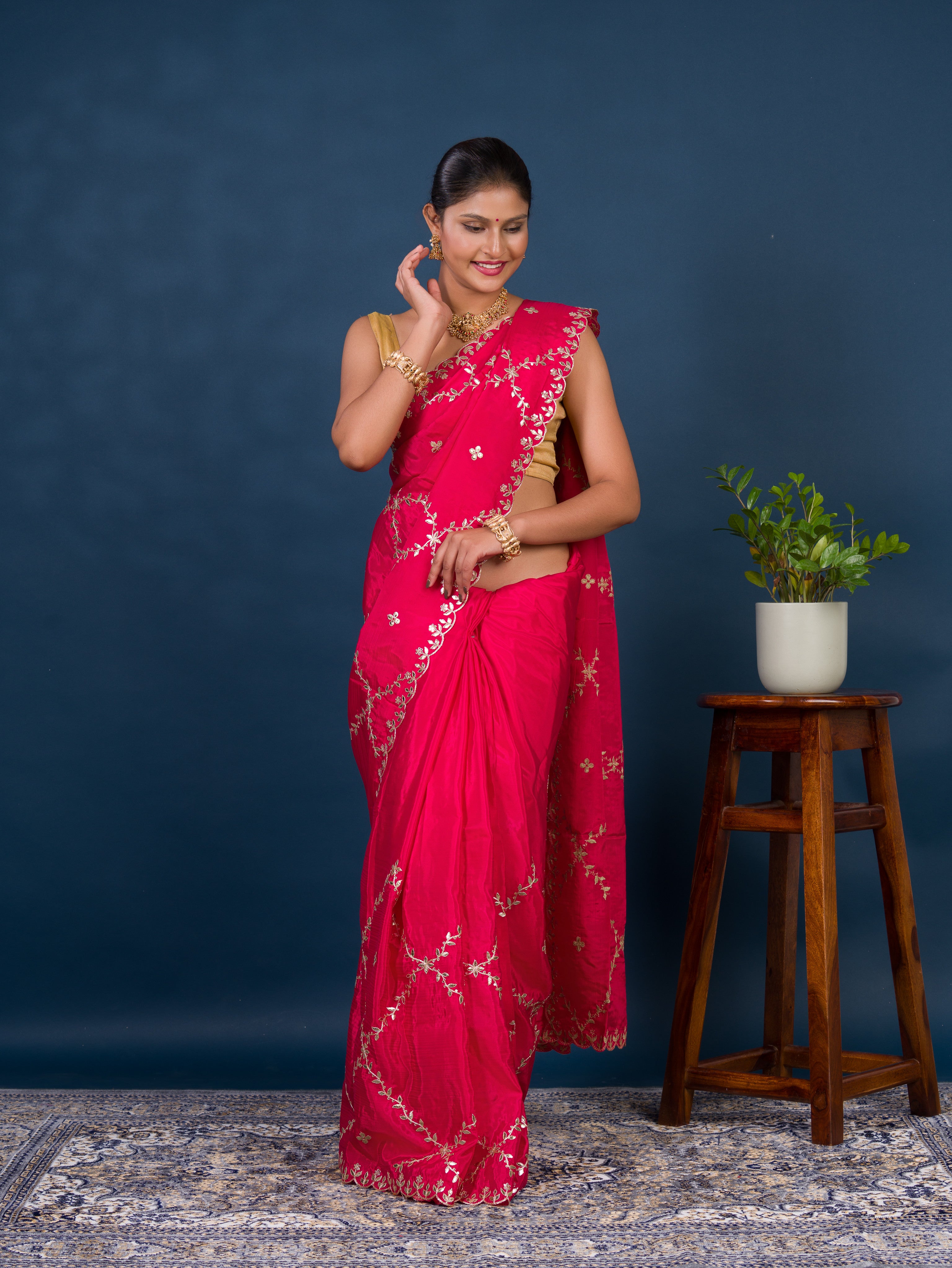 By New Designer Chinon Silk Saree with Traditional Gotapatti Work