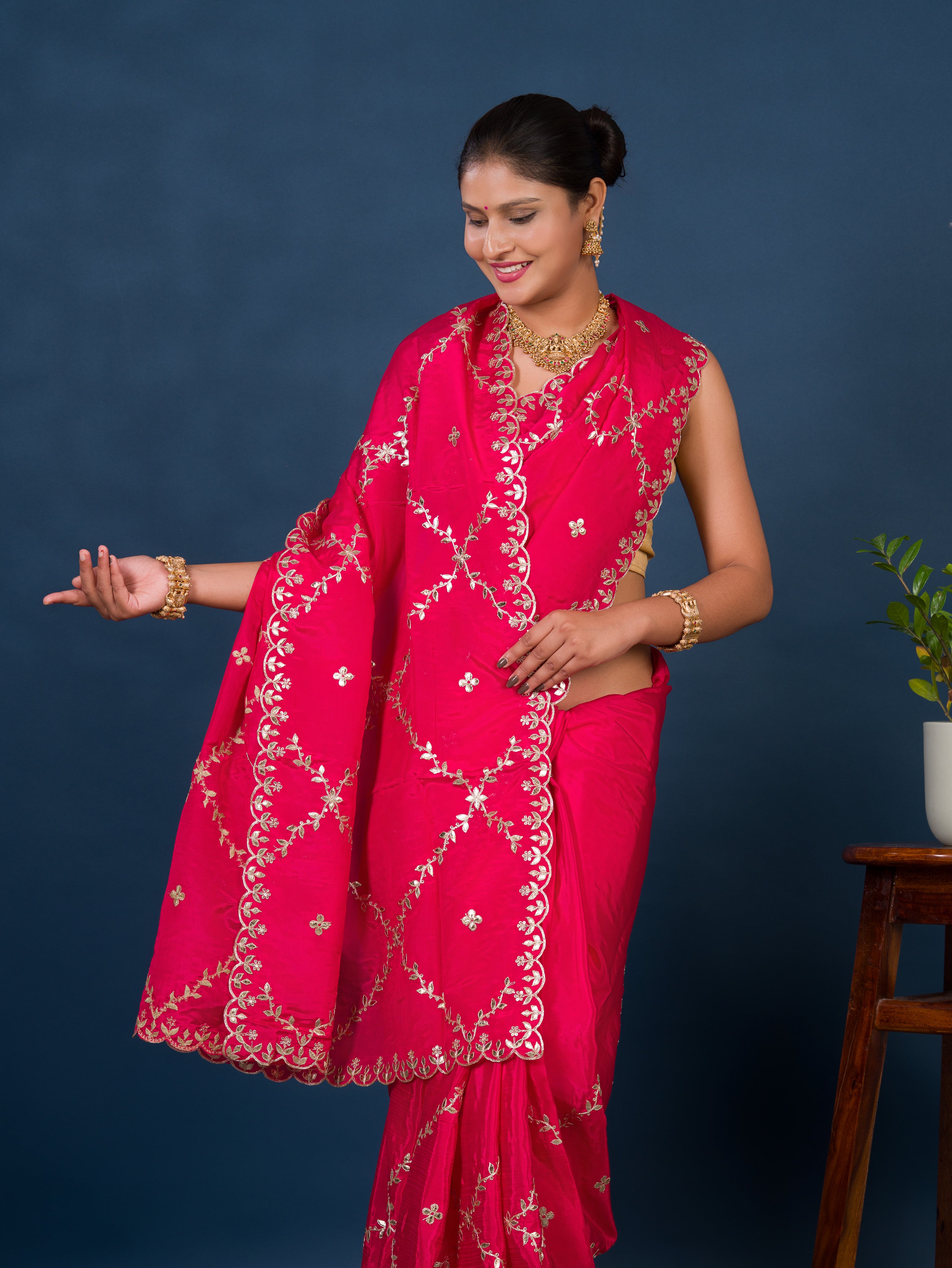 By New Designer Chinon Silk Saree with Traditional Gotapatti Work