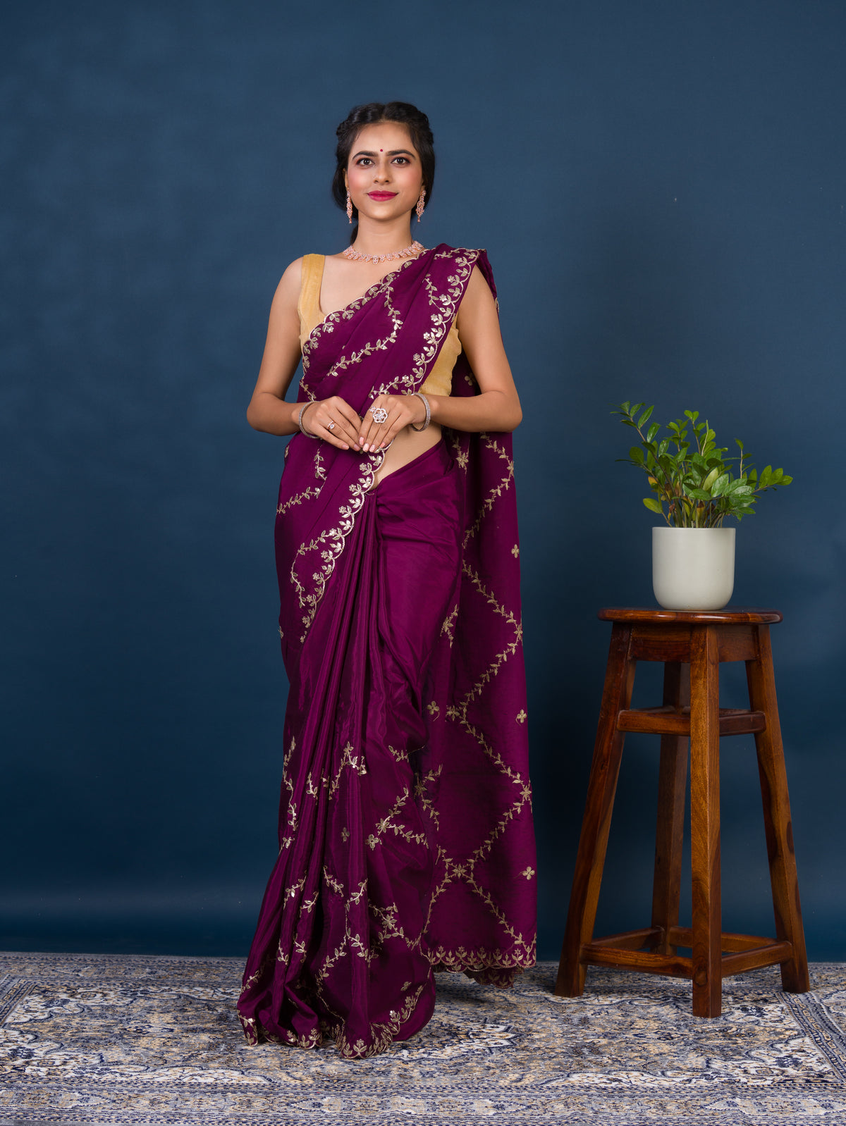 By New Designer Chinon Silk Saree with Traditional Gotapatti Work