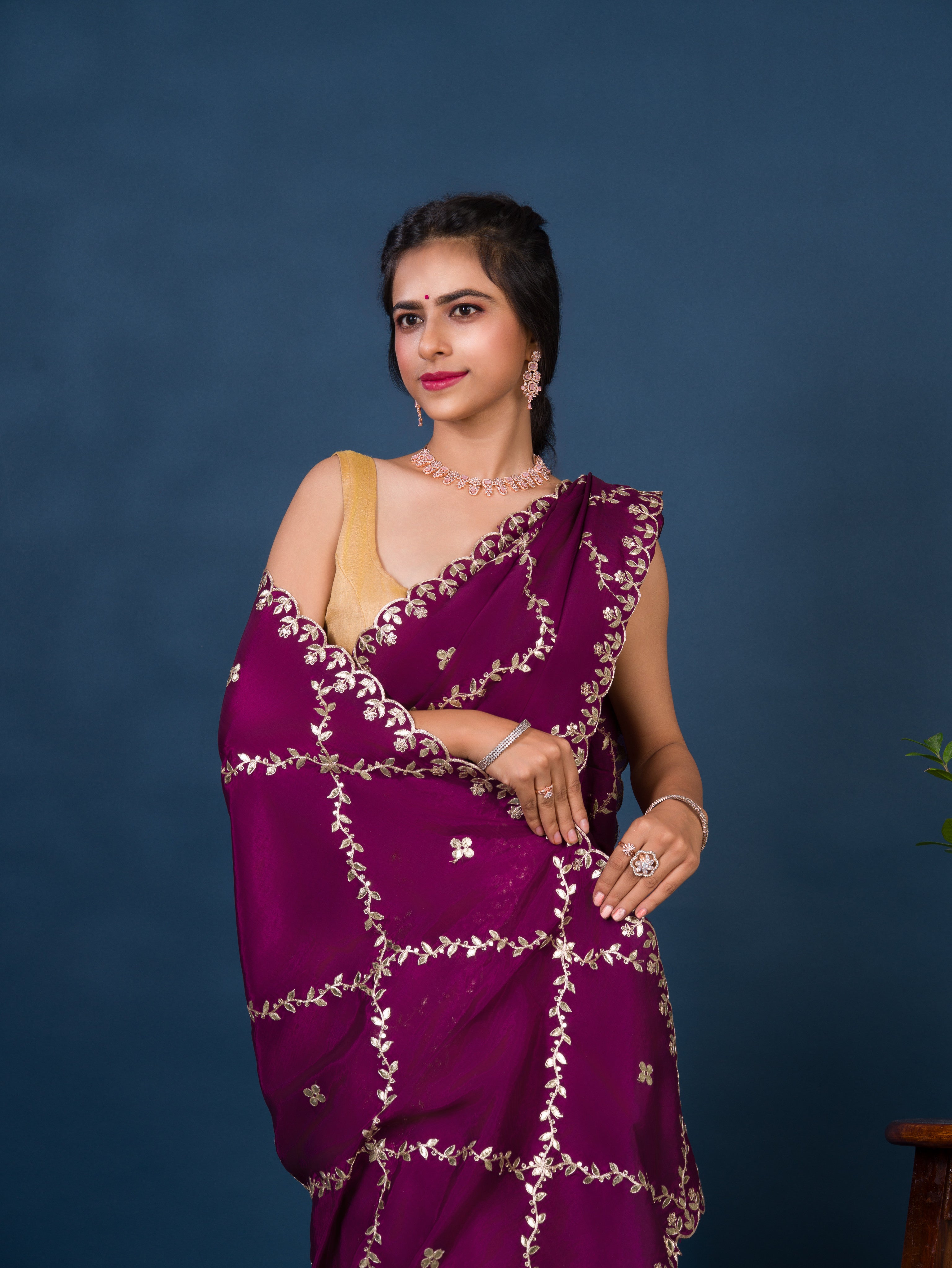 By New Designer Chinon Silk Saree with Traditional Gotapatti Work