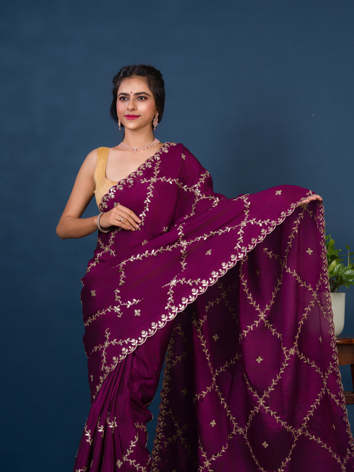 By New Designer Chinon Silk Saree with Traditional Gotapatti Work