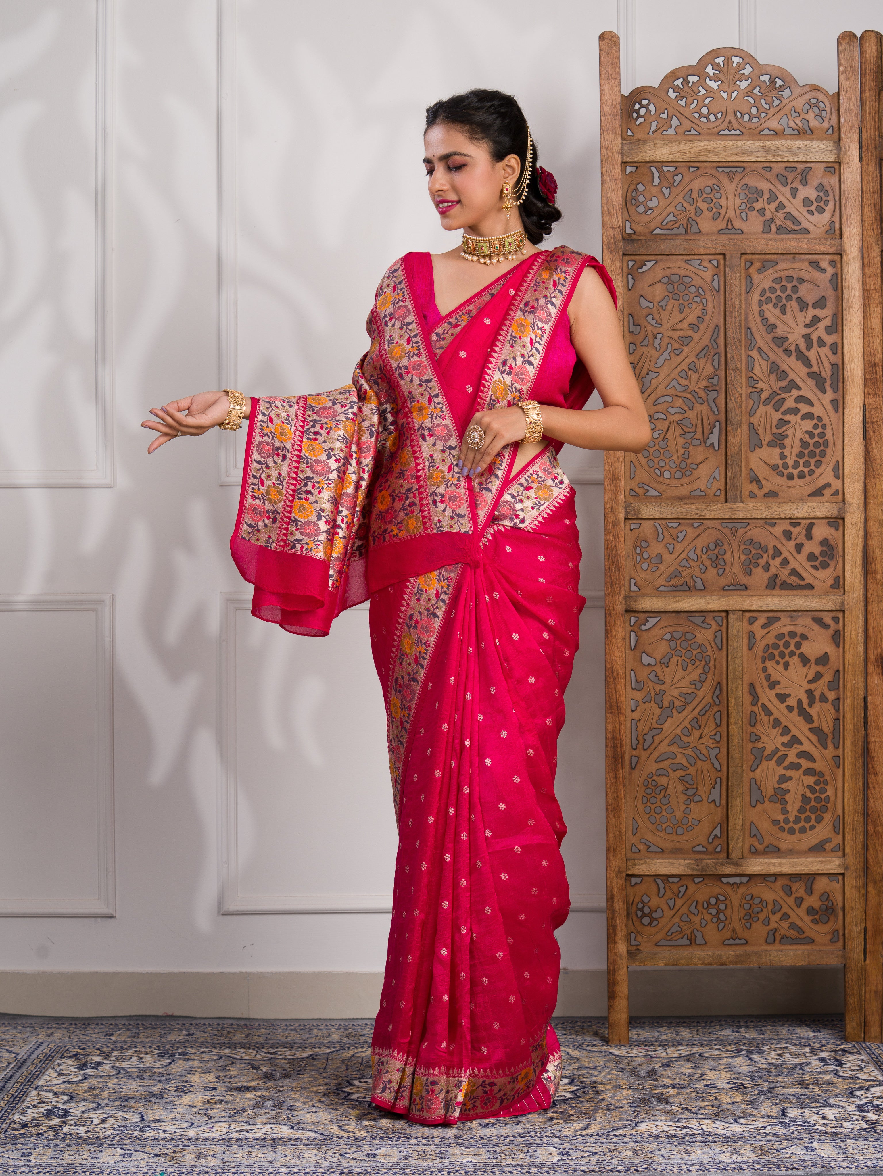 A red saree with gold borderBanarasi Silk Printed Style With zari weaving Work Saree