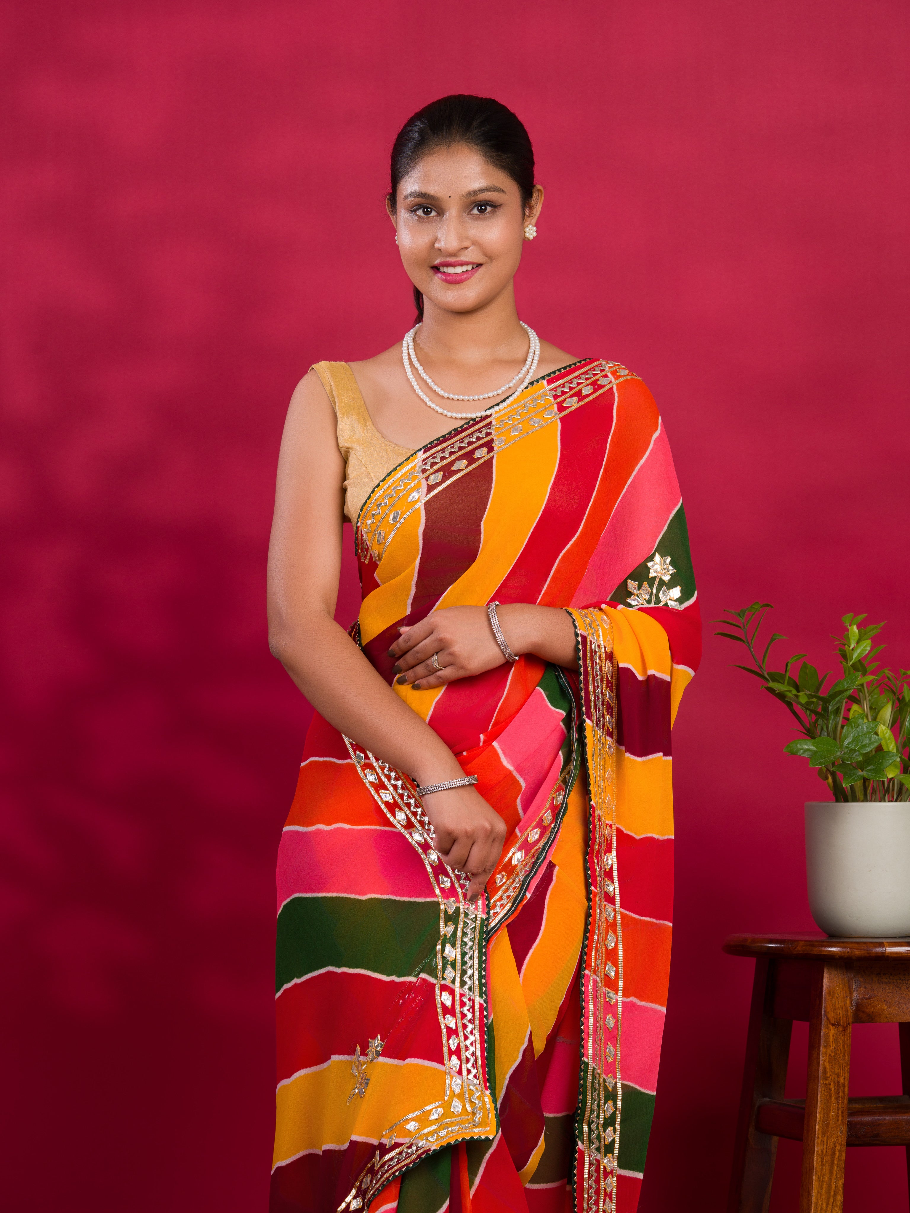 By New Latest Chiffon Leheriya Style With Gotapatti Work Saree
