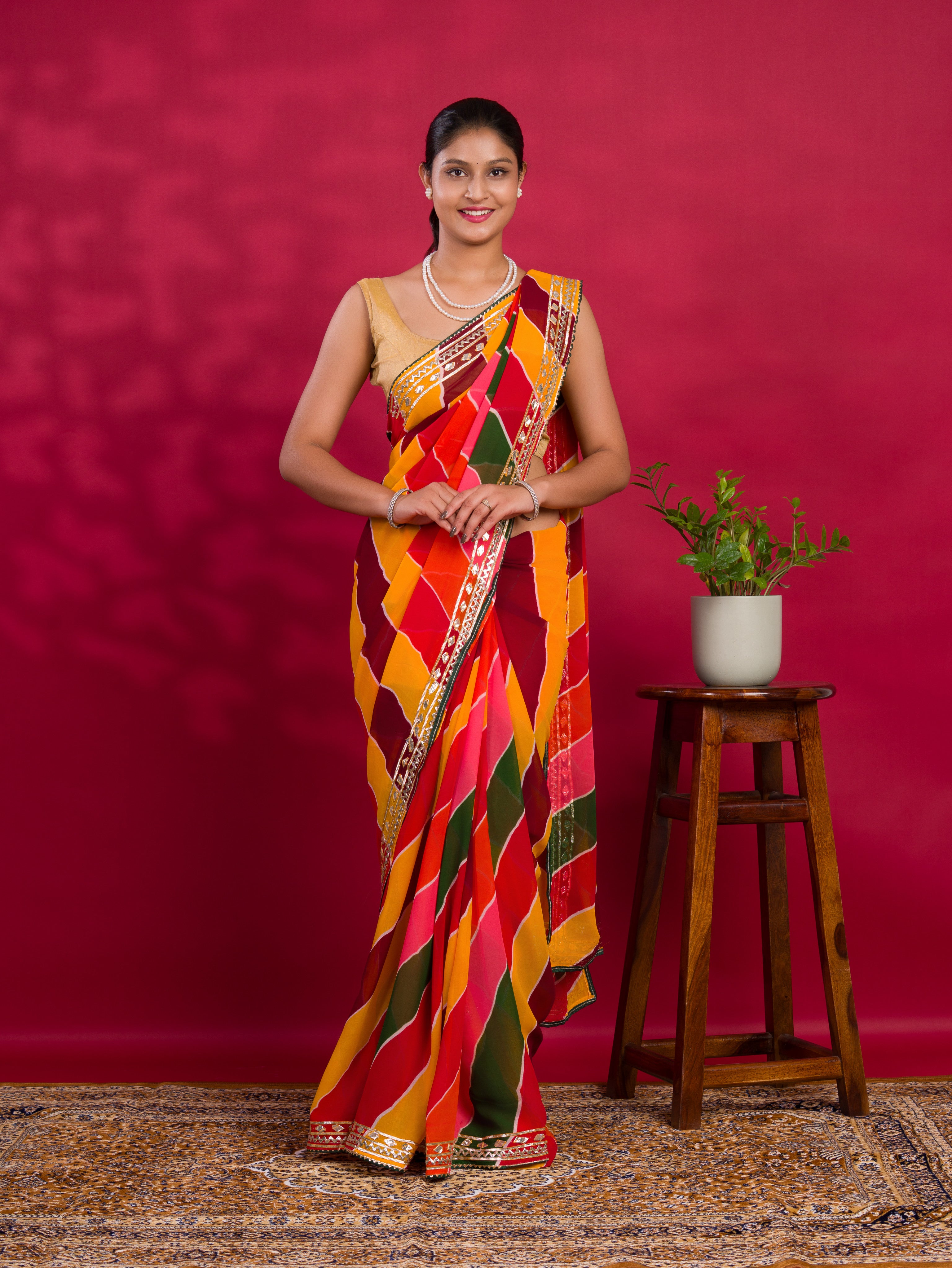 By New Latest Chiffon Leheriya Style With Gotapatti Work Saree