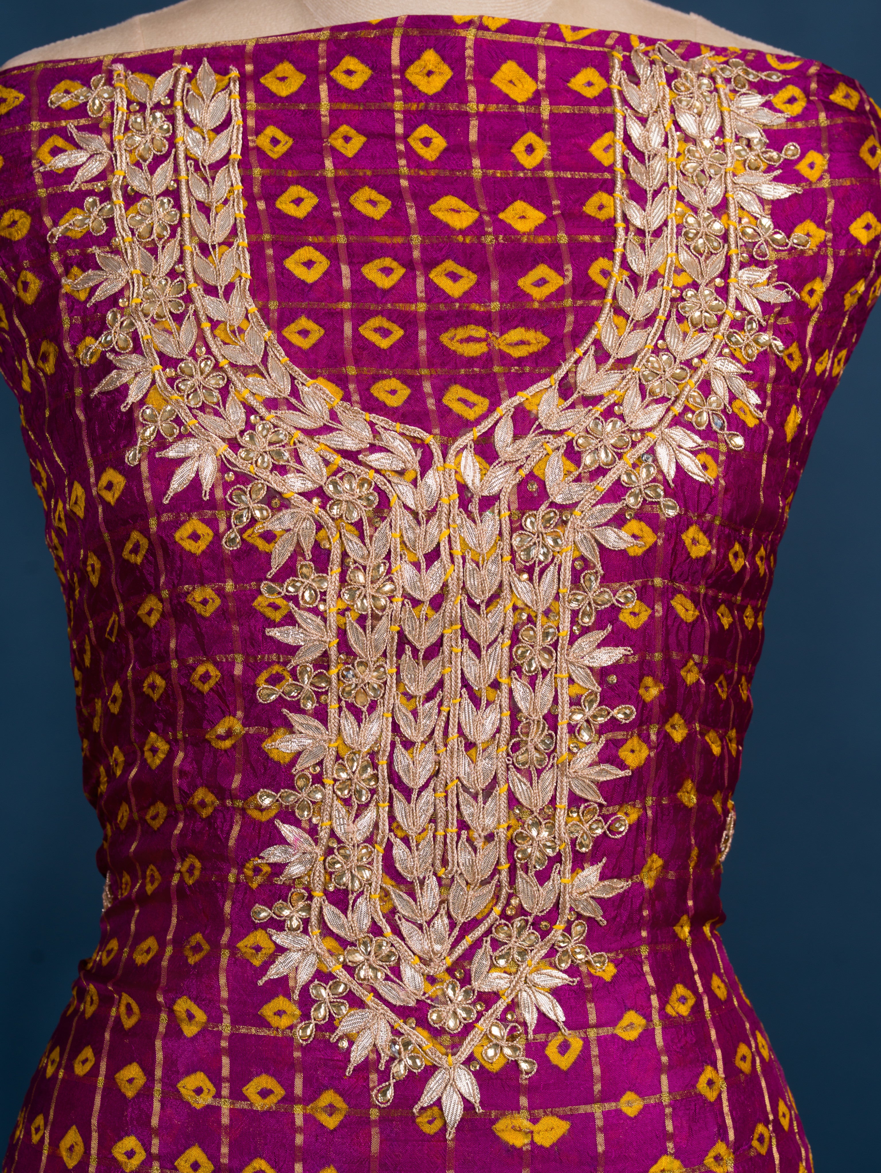 KcPc Latest Art Silk Bandhani Gharchola With Gota patti Stone Work Suit KML