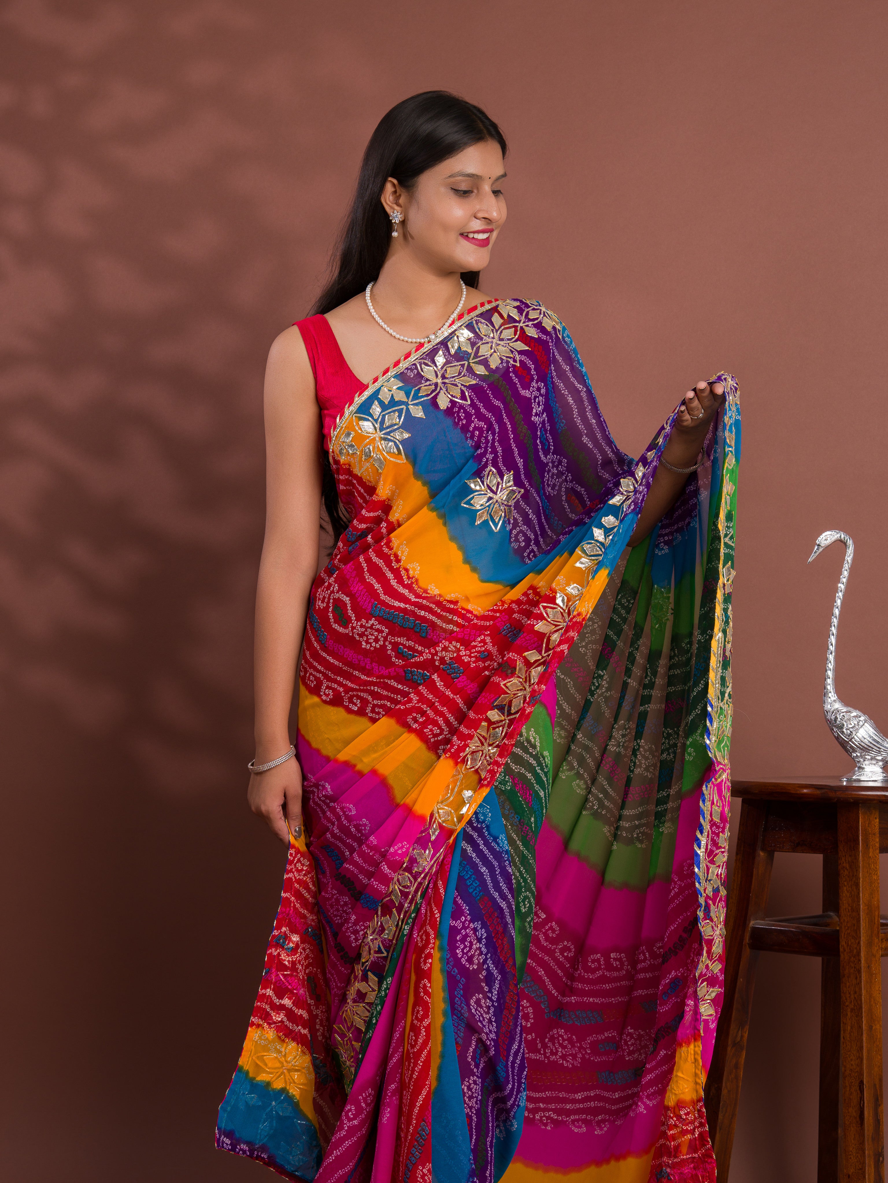 chiffon Silk Bandhani Style With Gotapatti Work Saree
