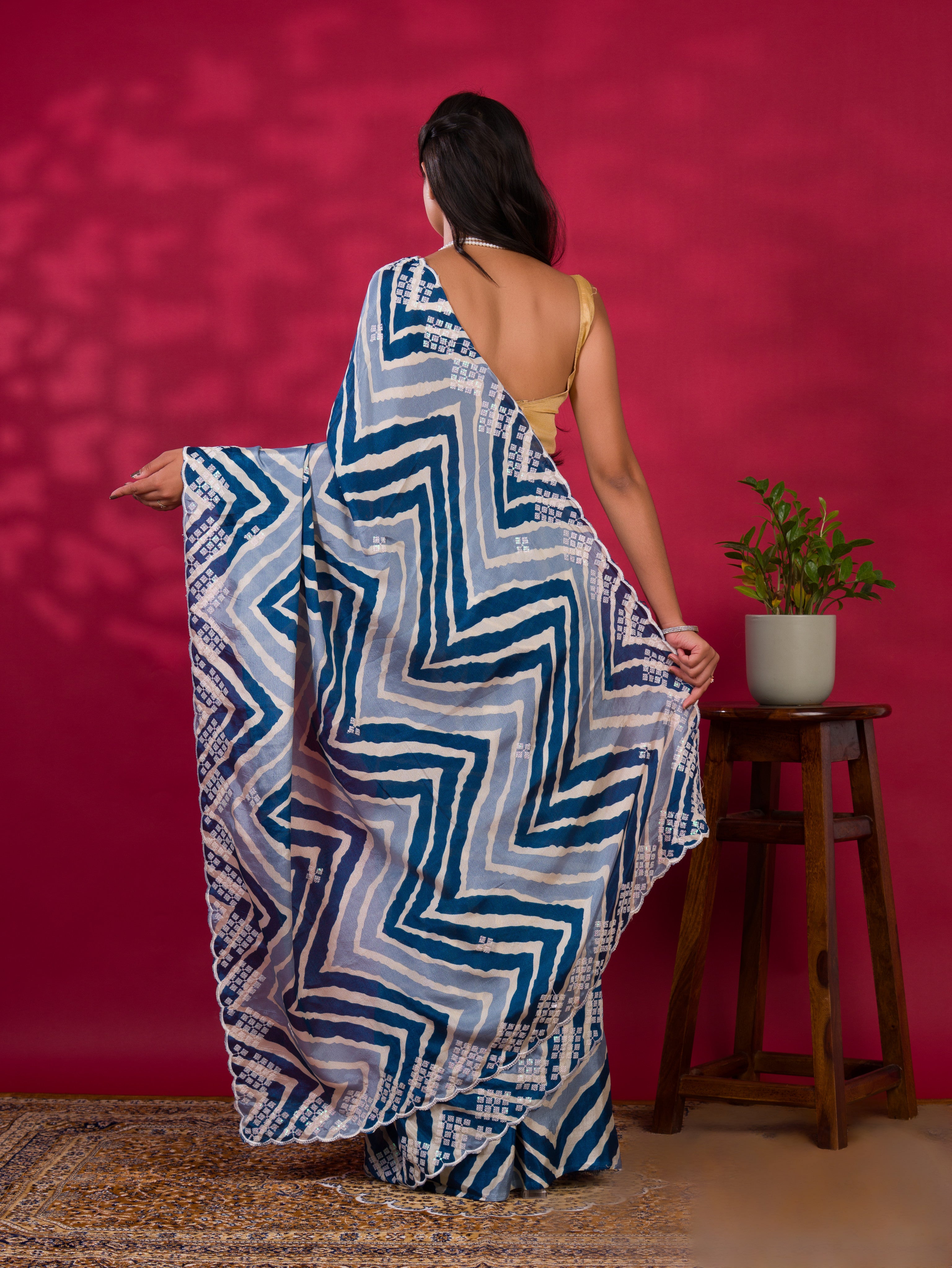 By Zig zag Style With Kashida Tari Work Saree