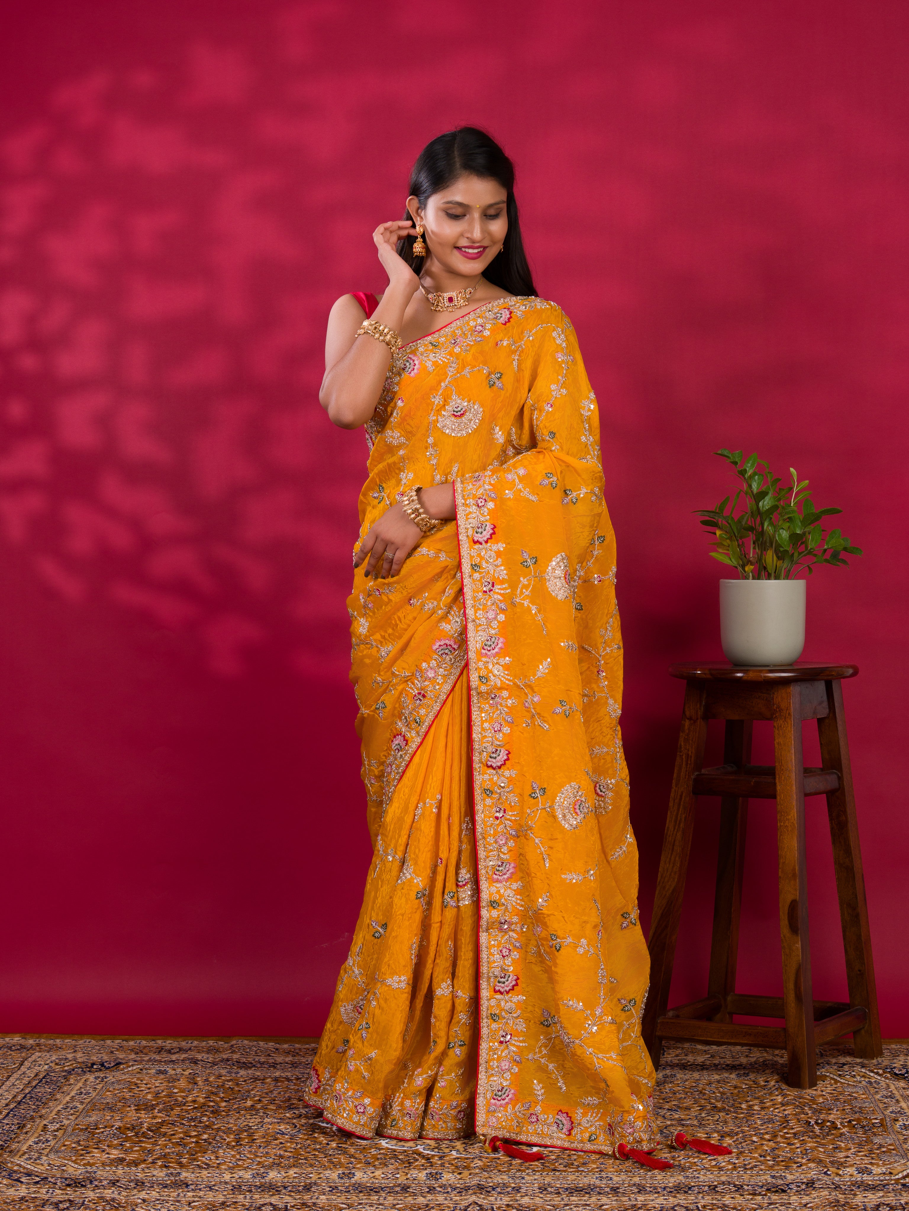 Chinon Rajwadi Style Sequence Embroidery Work saree