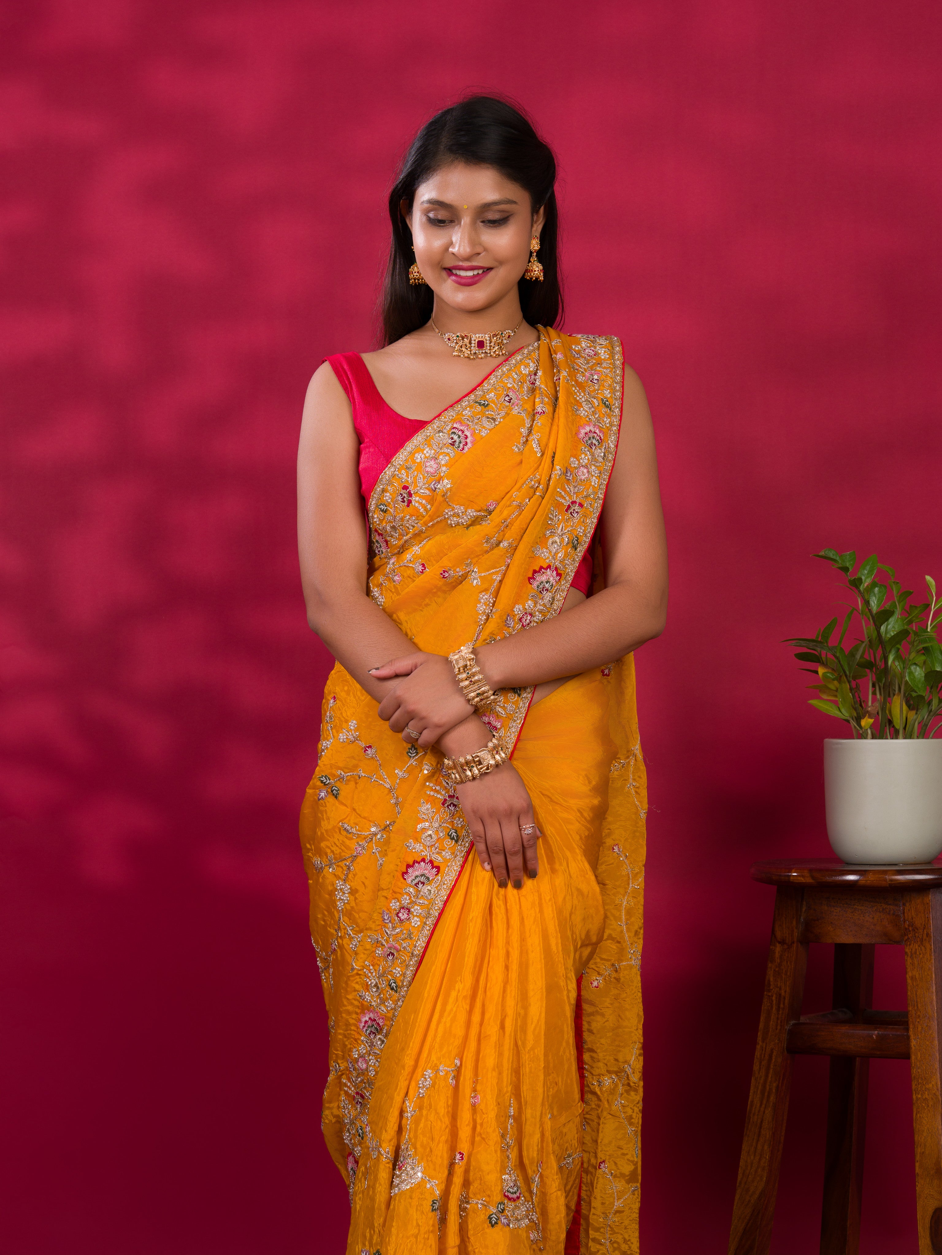 Chinon Rajwadi Style Sequence Embroidery Work saree