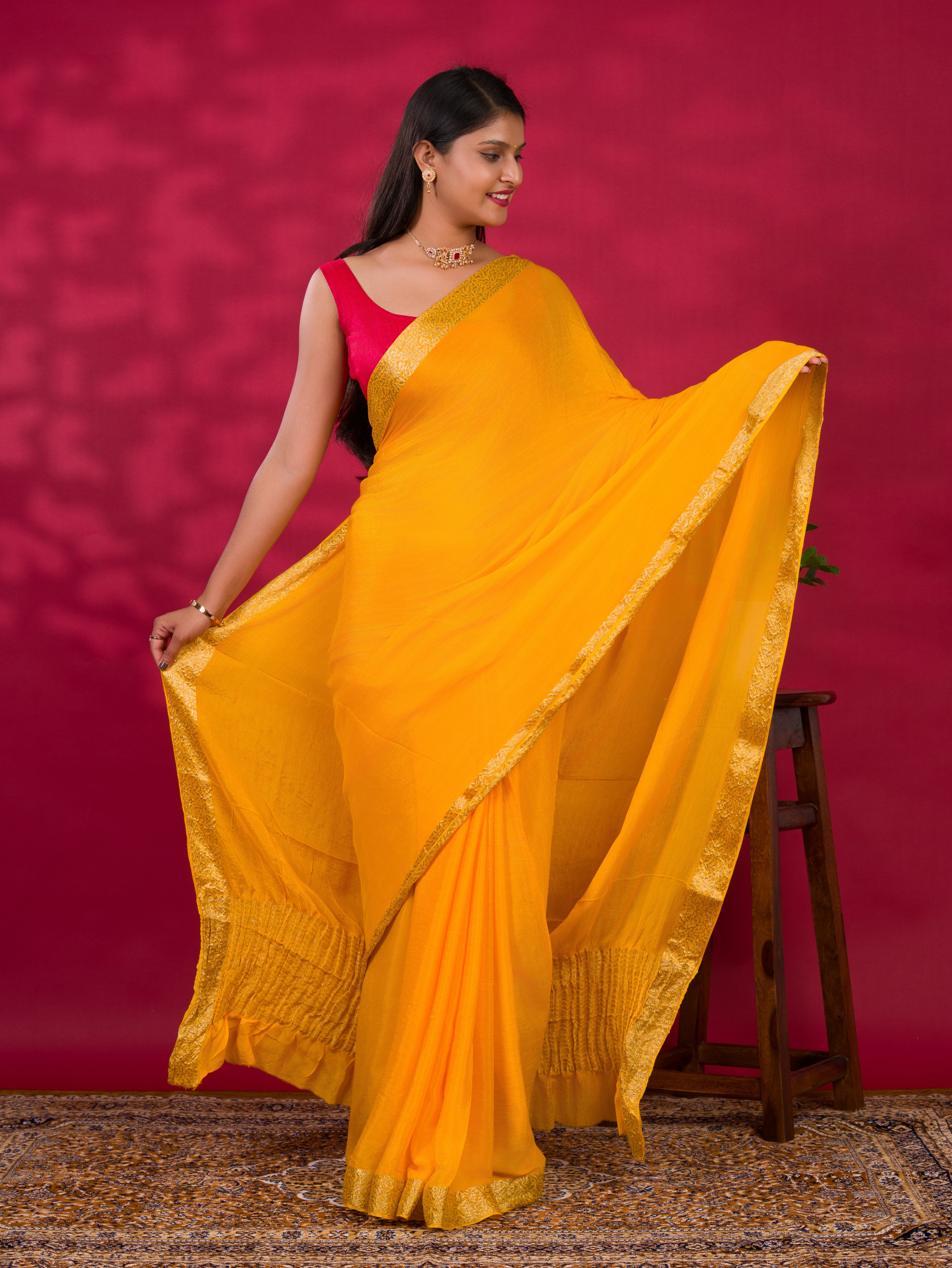 Pure ojariya Chinon in yellow colour saree
