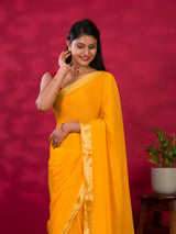 Pure ojariya Chinon in yellow colour saree