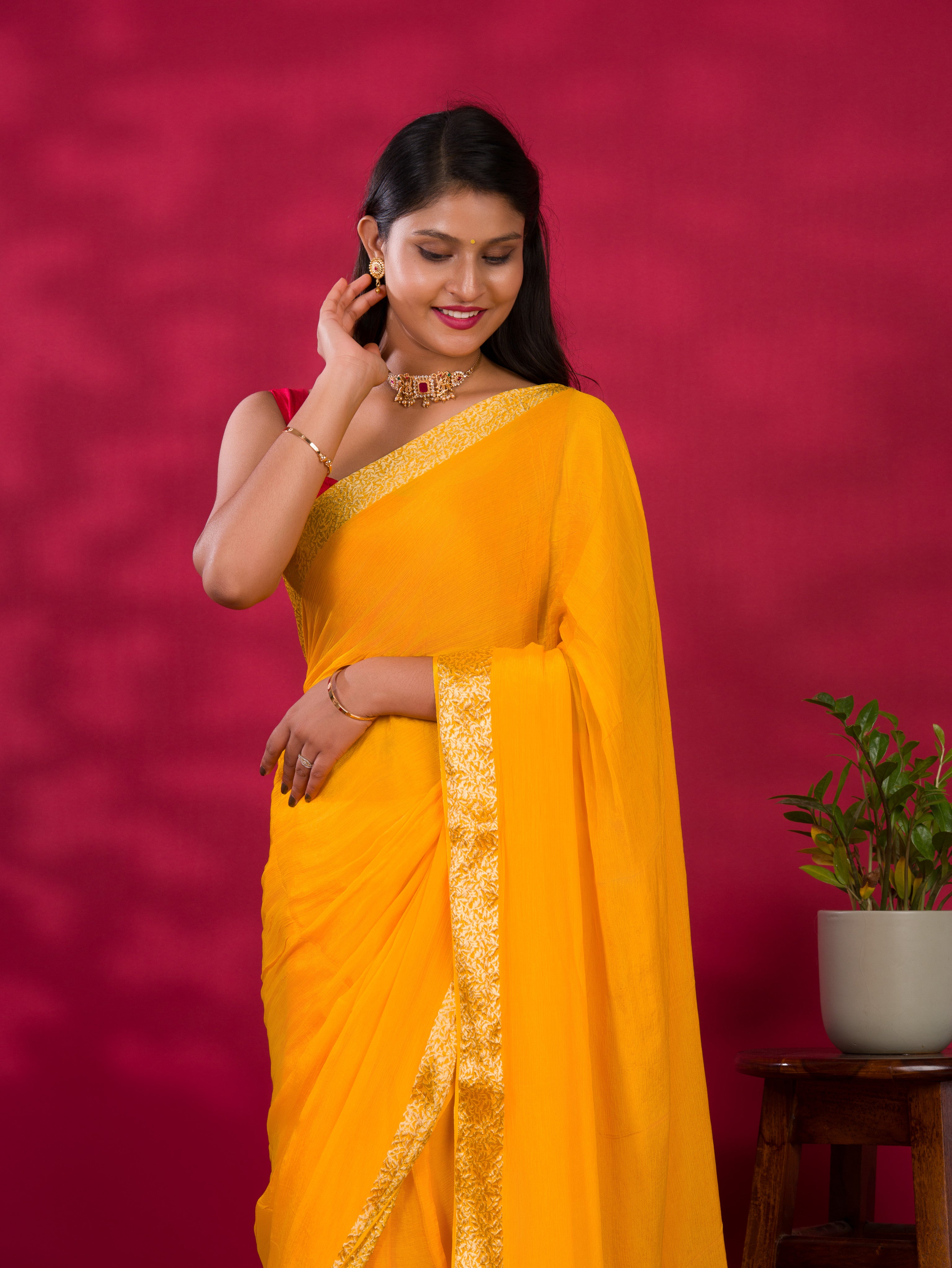 Pure ojariya Chinon in yellow colour saree