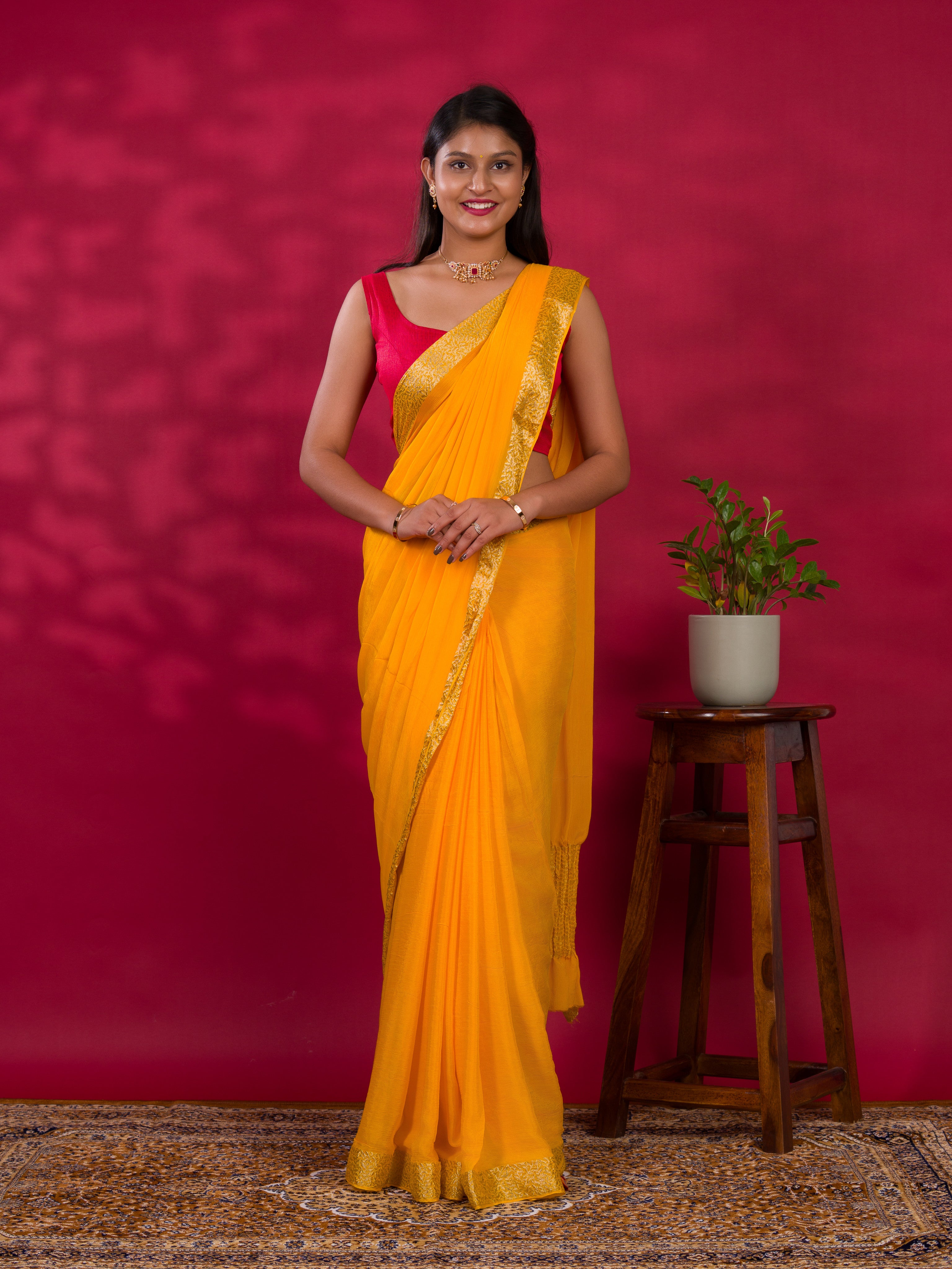 Pure ojariya Chinon in yellow colour saree