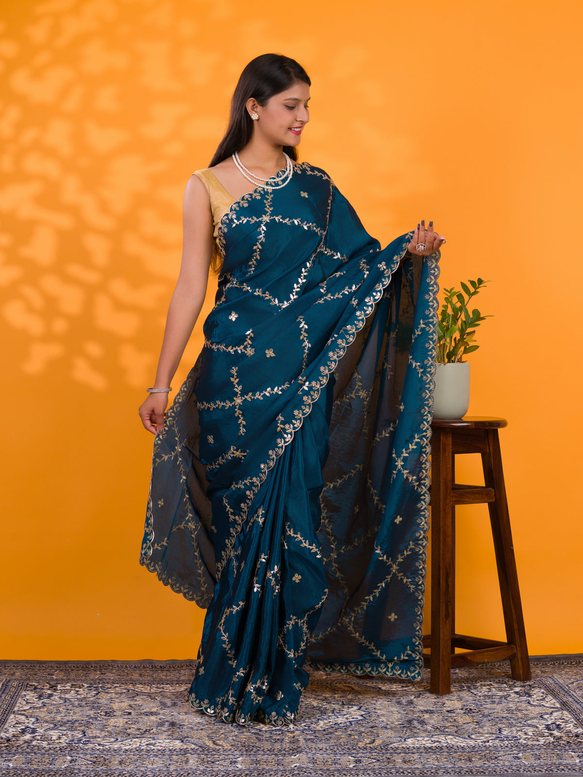By New Designer Chinon Silk Saree with Traditional Gotapatti Work