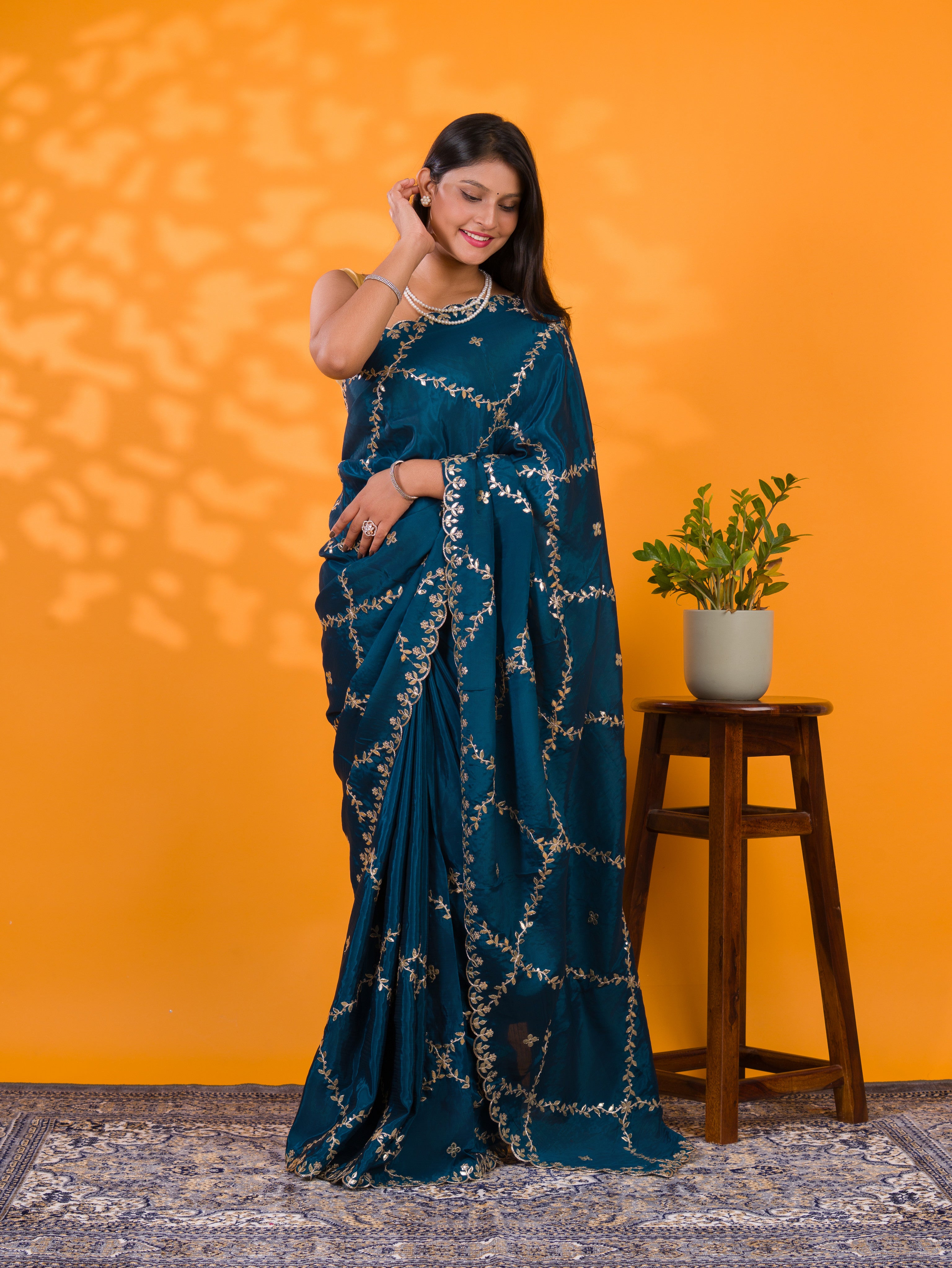 By New Designer Chinon Silk Saree with Traditional Gotapatti Work