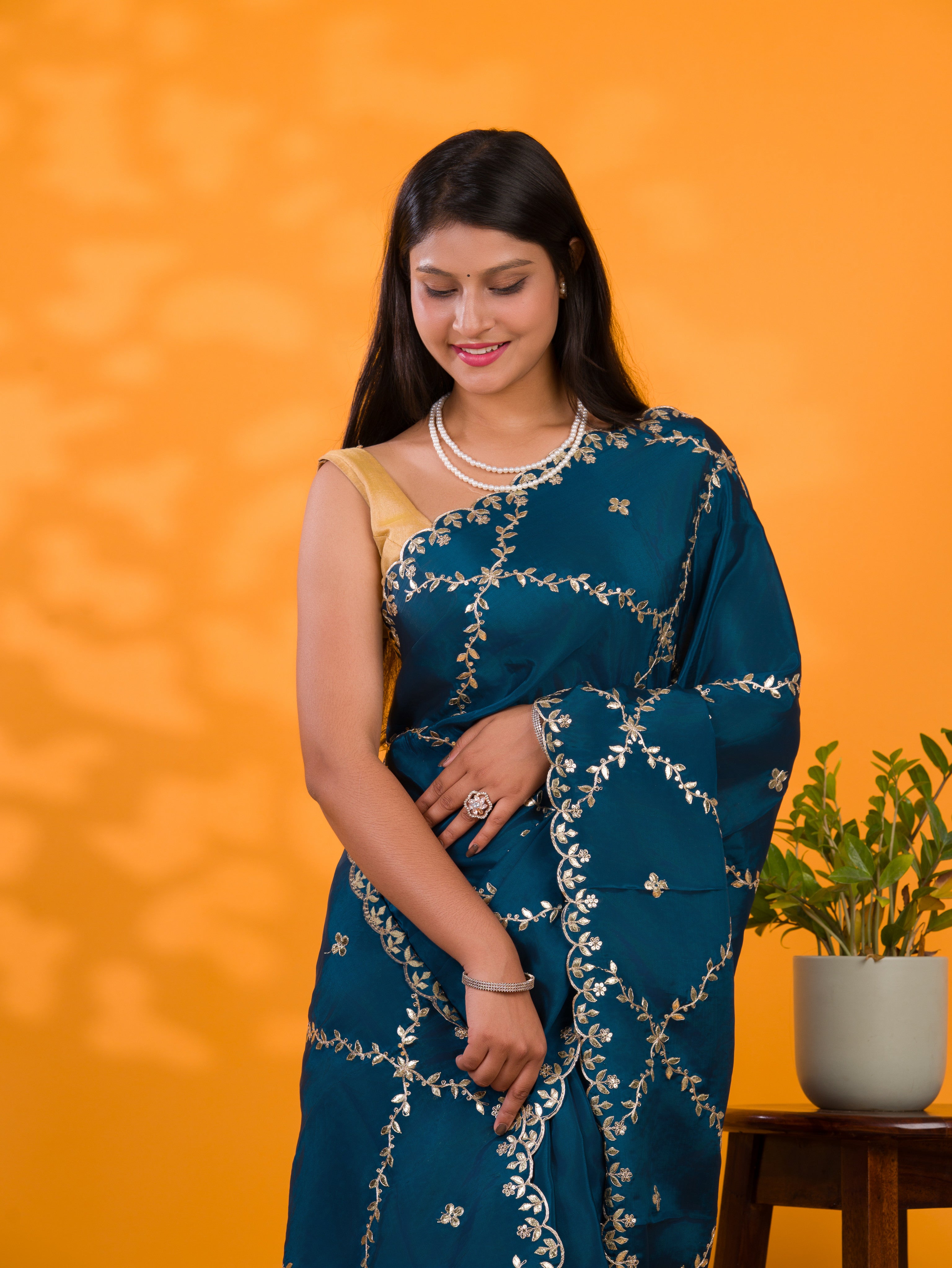 By New Designer Chinon Silk Saree with Traditional Gotapatti Work
