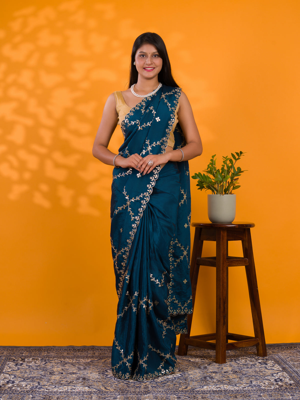 By New Designer Chinon Silk Saree with Traditional Gotapatti Work