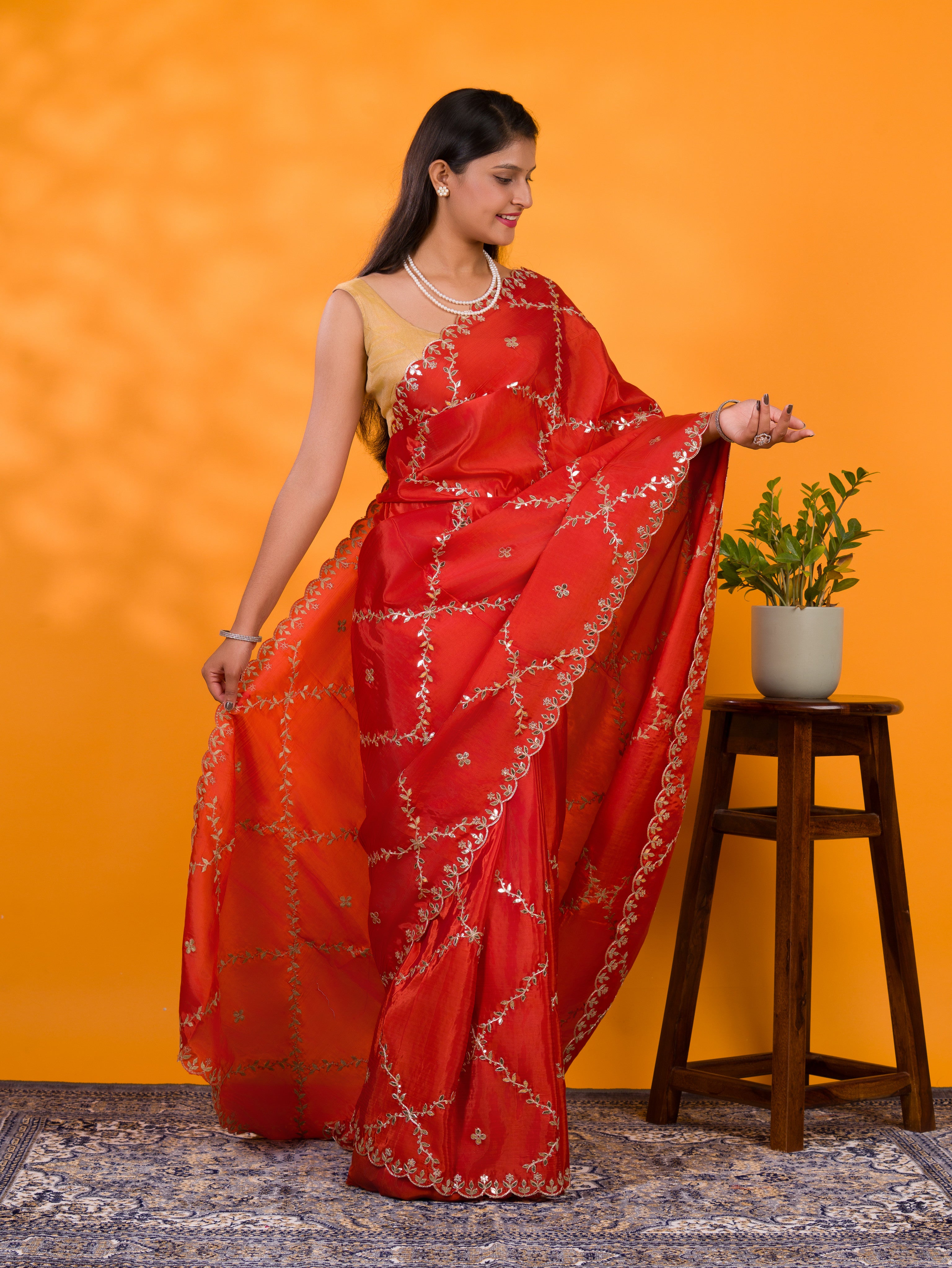 By New Designer Chinon Silk Saree with Traditional Gotapatti Work