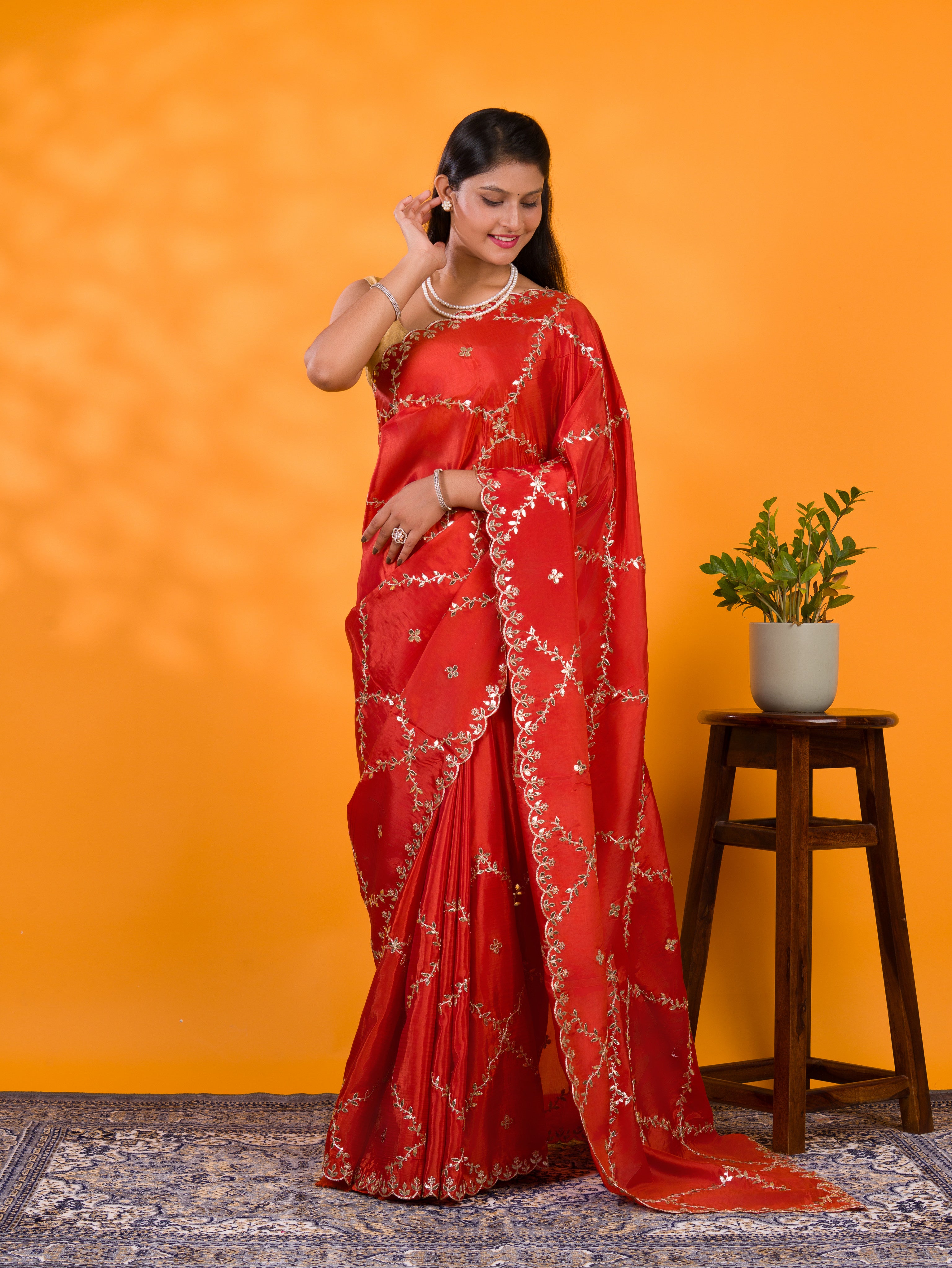 By New Designer Chinon Silk Saree with Traditional Gotapatti Work