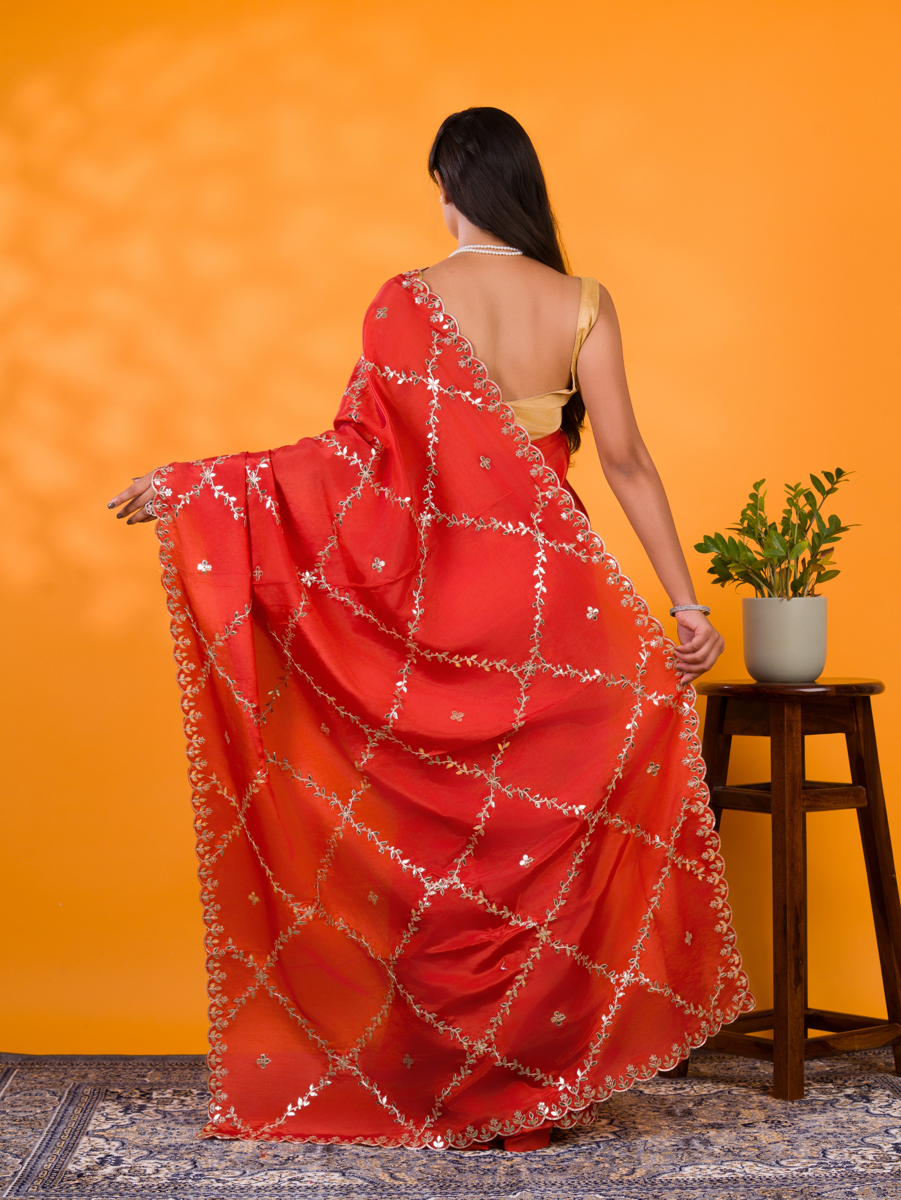 By New Designer Chinon Silk Saree with Traditional Gotapatti Work