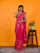 A pink saree with white patterns withCotton silk Bandhani Gotapatti Work Saree
