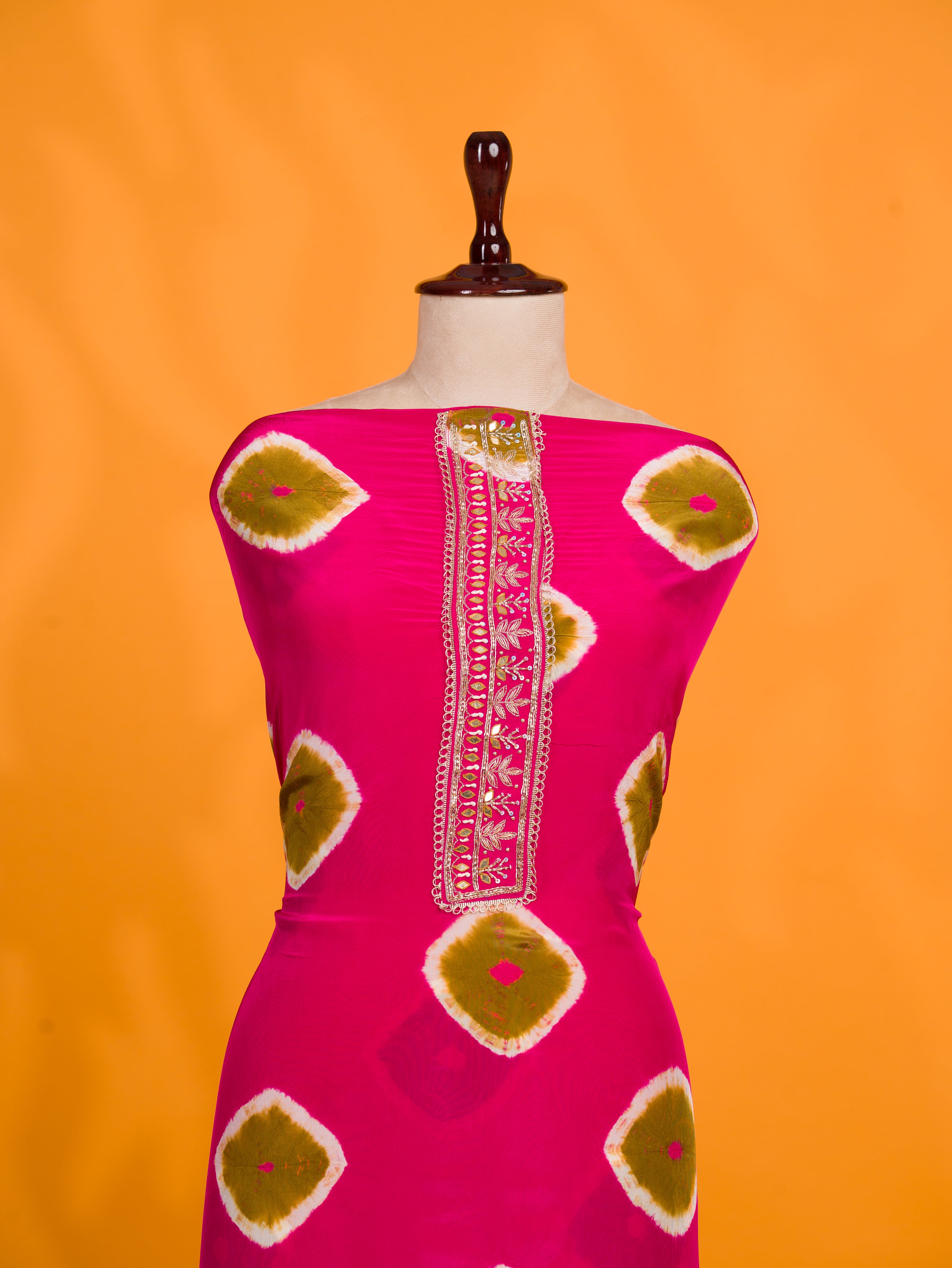 KcPc New Pure Crepe Silk Bandhej Style Suit with Cutdana & Gota Patti Work RSAF