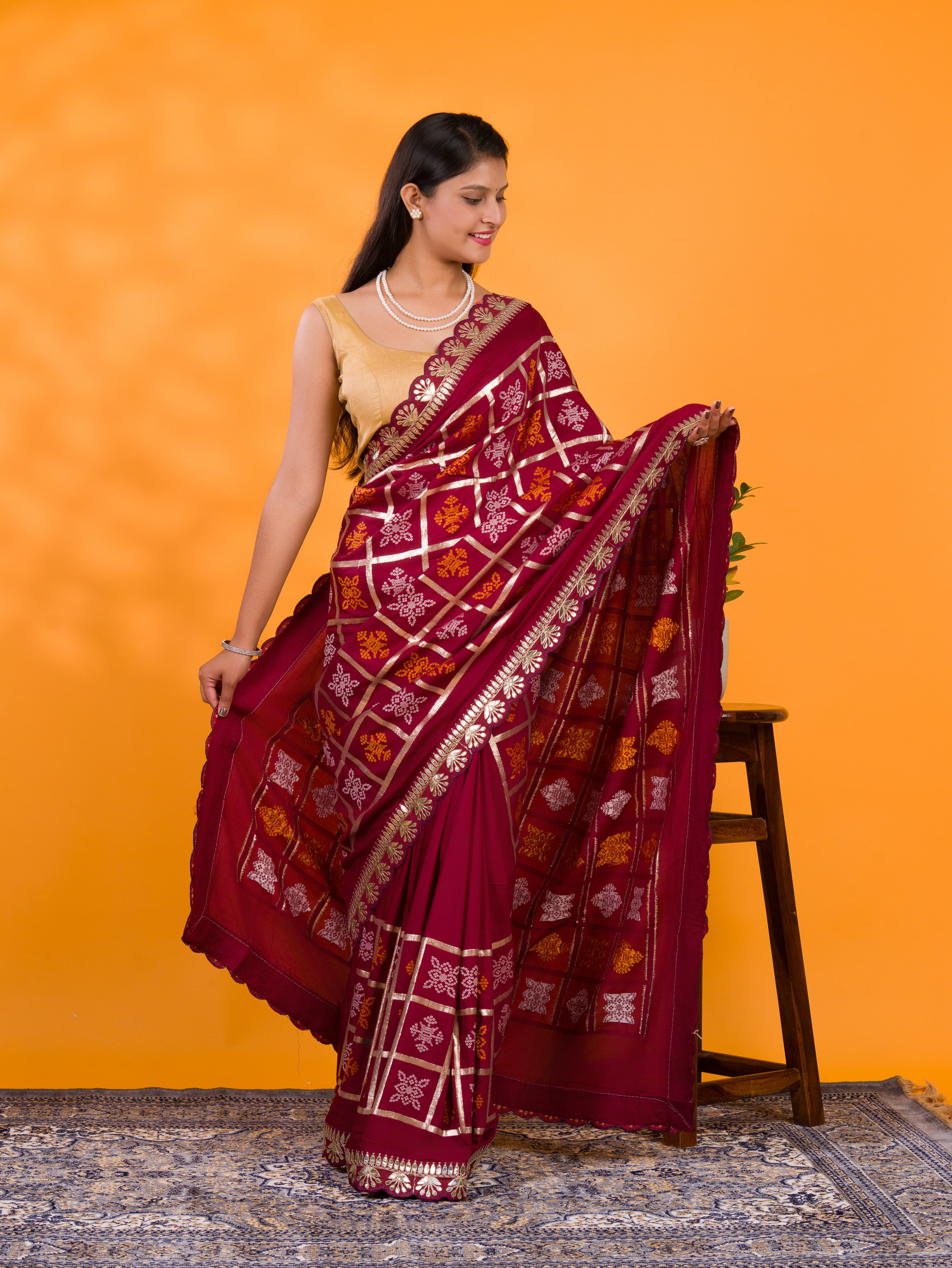 Cotton silk Bandhani Gotapatti Work Saree in maroon colour
