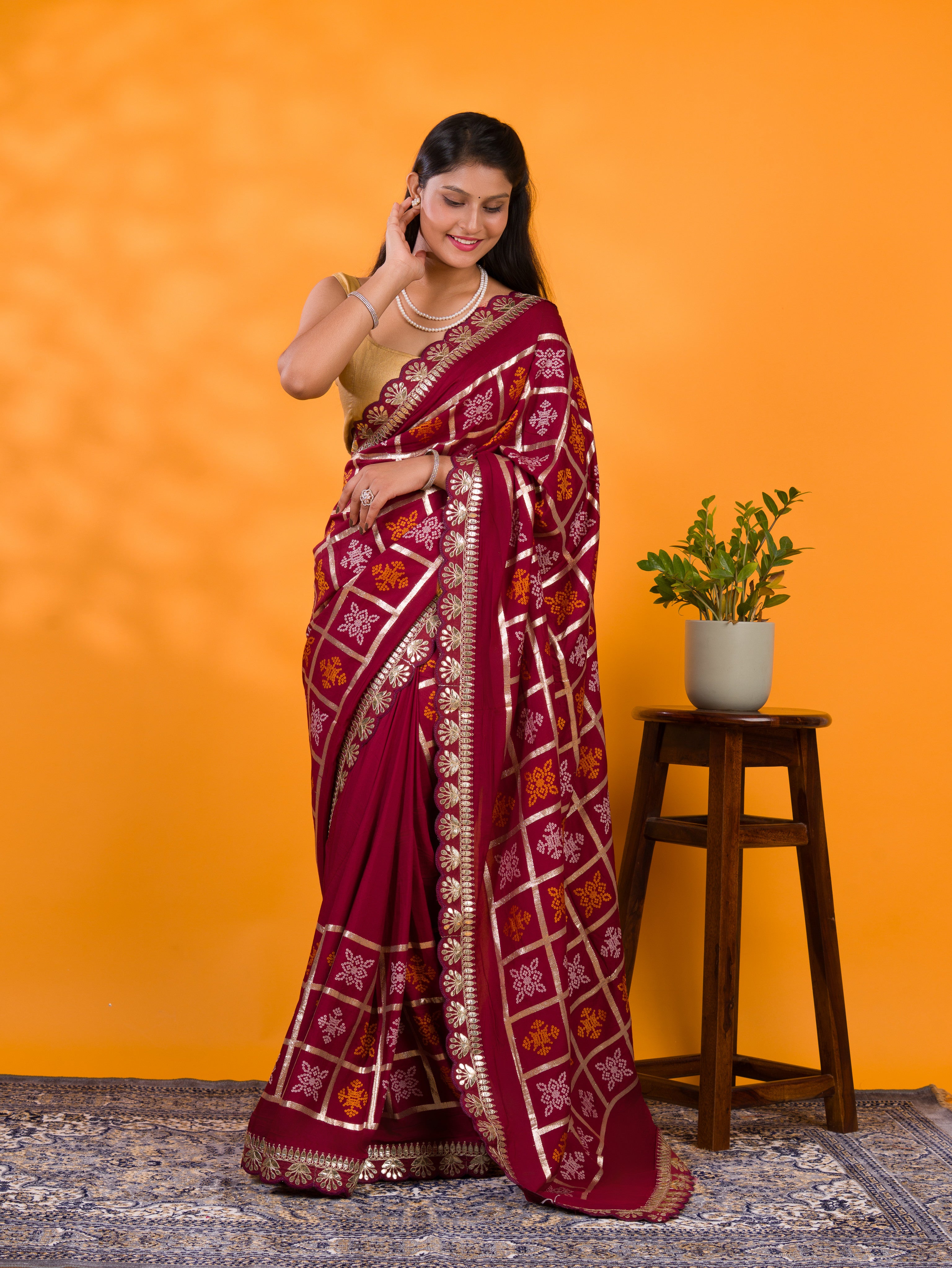 Cotton silk Bandhani Gotapatti Work Saree in maroon colour